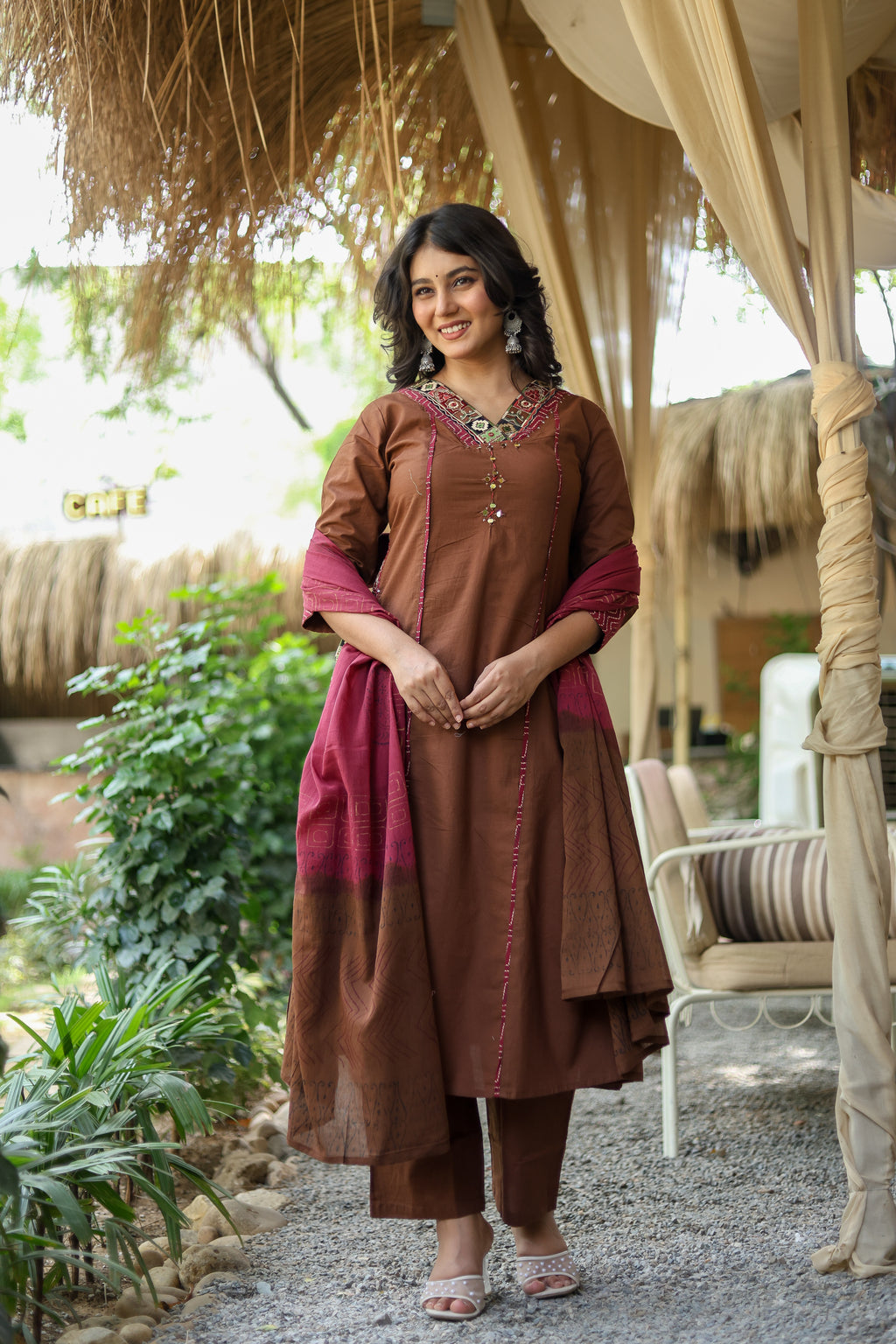 NOOAA Premium Embroidered Straight Suit Set for Women | Ethnic Neck Detailing | Kurta Pant with Printed Dupatta