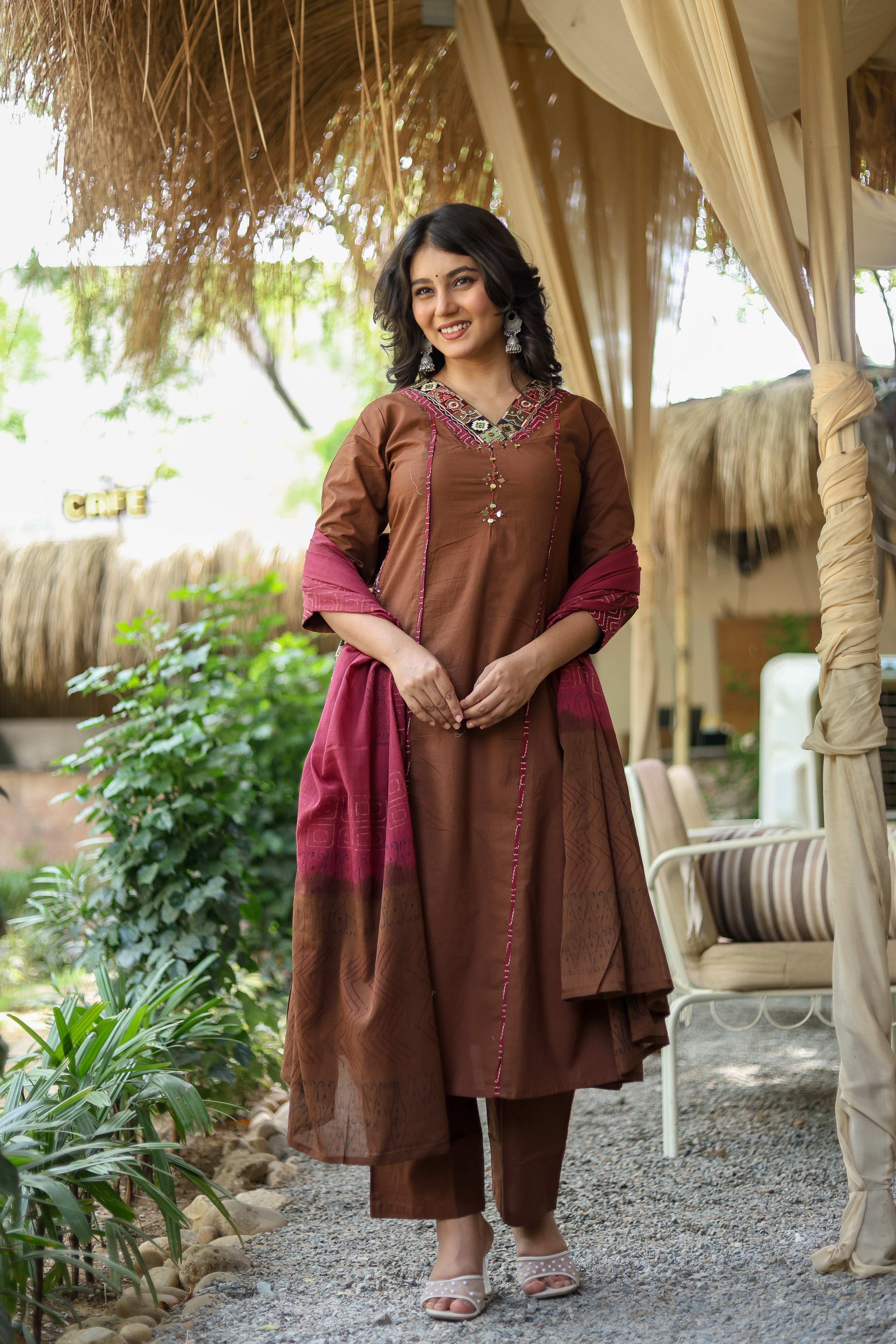 NOOAA Premium Embroidered Straight Suit Set for Women | Ethnic Neck Detailing | Kurta Pant with Printed Dupatta