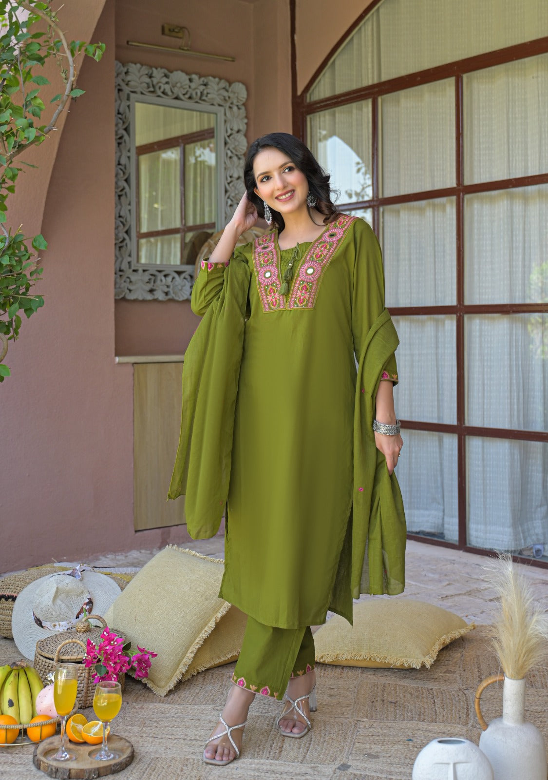NOOAA Royal Mirror Embroidered Straight Kurta Set with Dupatta| Elegant Women’s Ethnic Wear