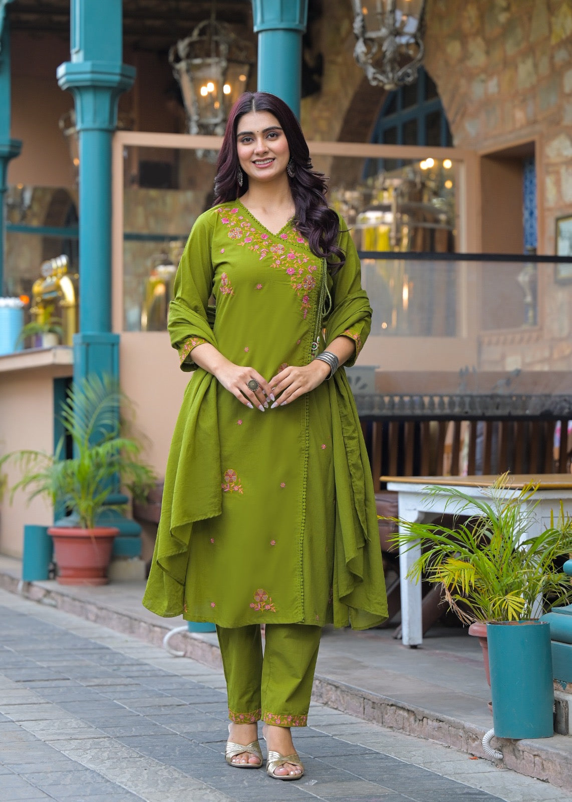 NOOAA Premium Embroidered Cotton Blend Suit Set for Women | Handcrafted Floral Embroidery | Kurta Pant with Dupatta