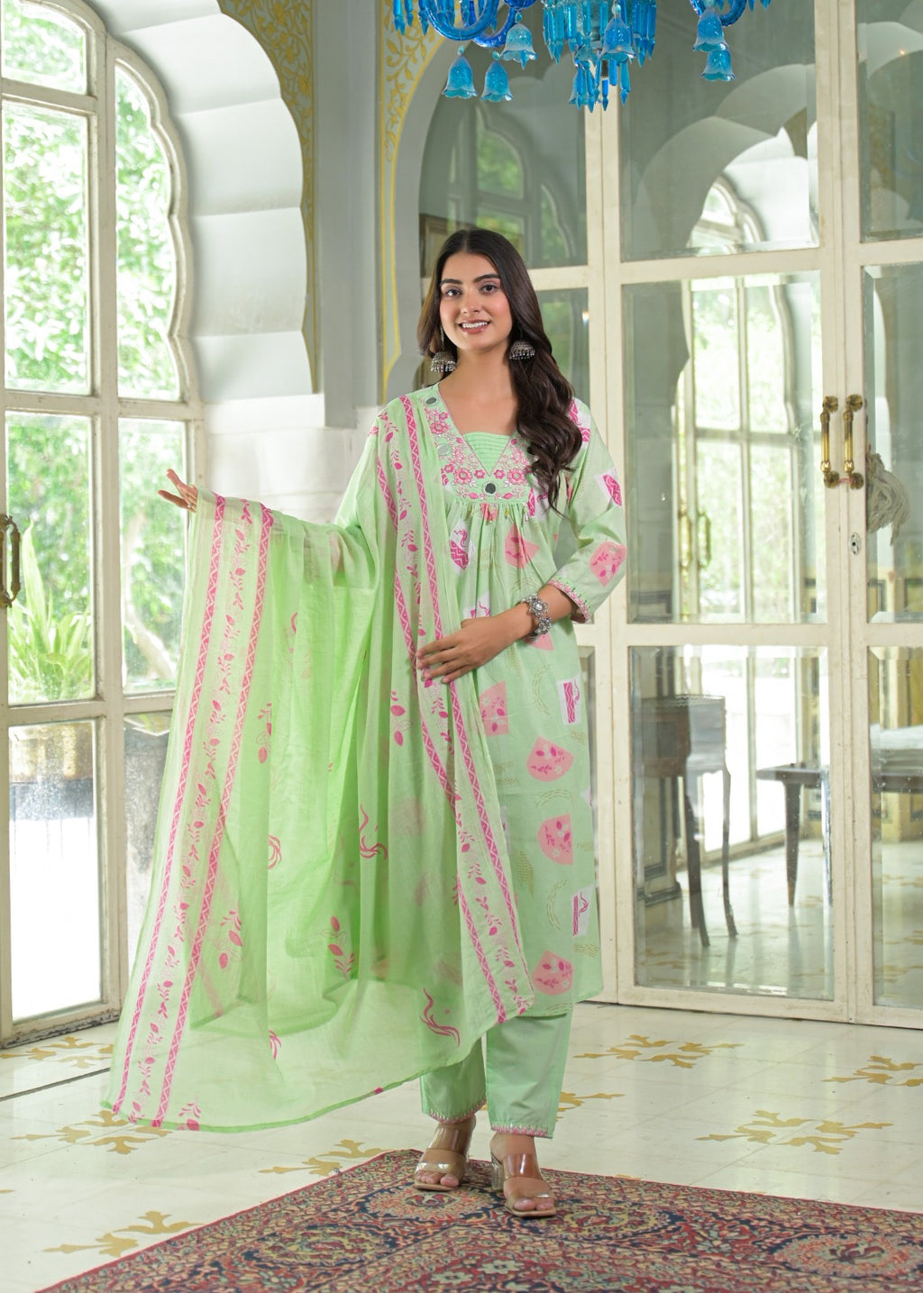 NOOAA Viraa Printed Straight Kurta Set with Embroidered Yoke & Dupatta
