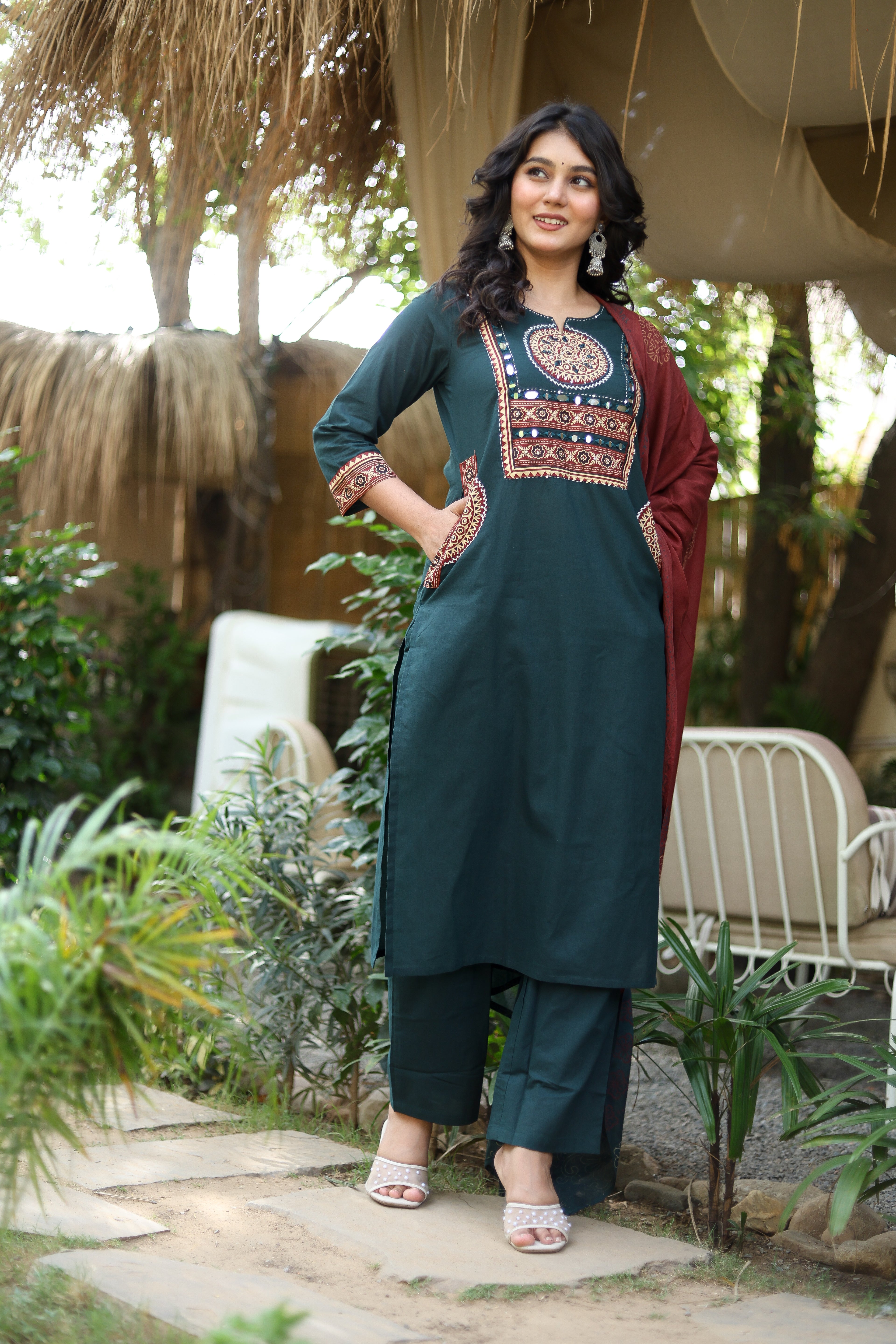 NOOAA Premium Mirror Work Straight Suit Set | Ethnic Printed Dupatta | Kurta Pant Set for Women