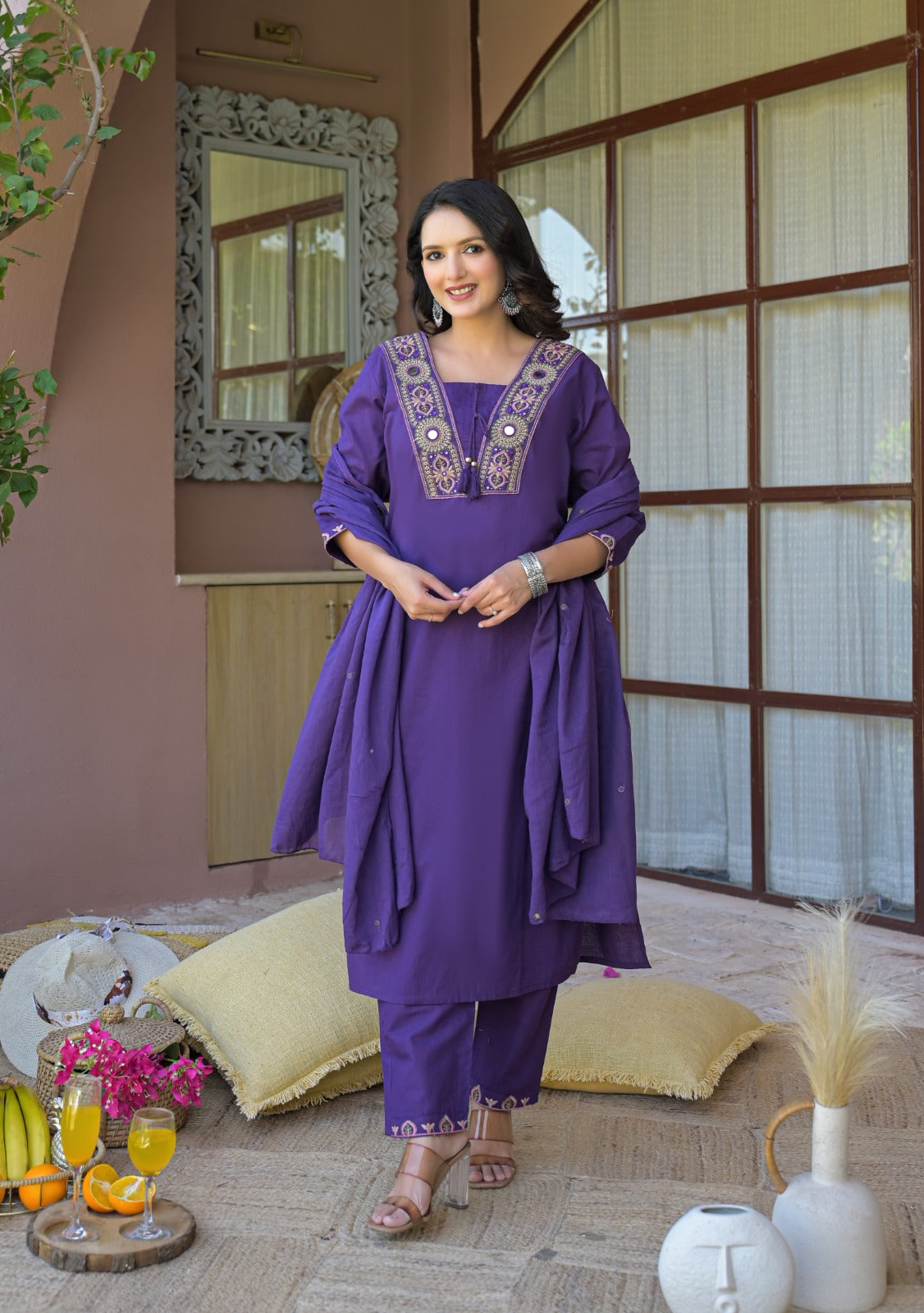 NOOAA Royal Mirror Embroidered Straight Kurta Set with Dupatta| Elegant Women’s Ethnic Wear