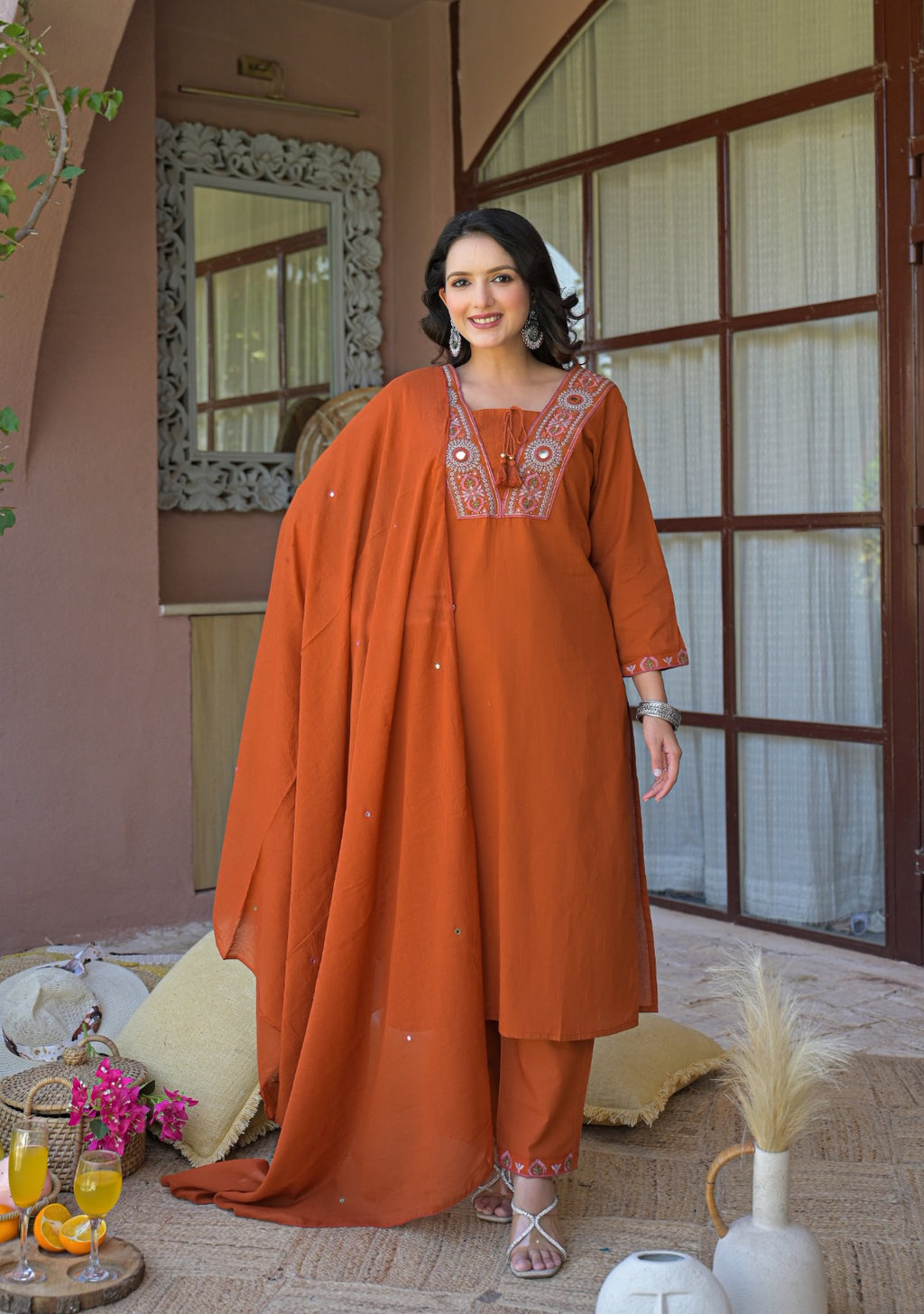 NOOAA Royal Mirror Embroidered Straight Kurta Set with Dupatta| Elegant Women’s Ethnic Wear