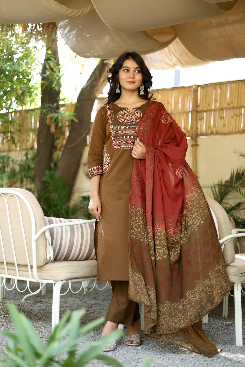 NOOAA Premium Mirror Work Straight Suit Set | Ethnic Printed Dupatta | Kurta Pant Set for Women