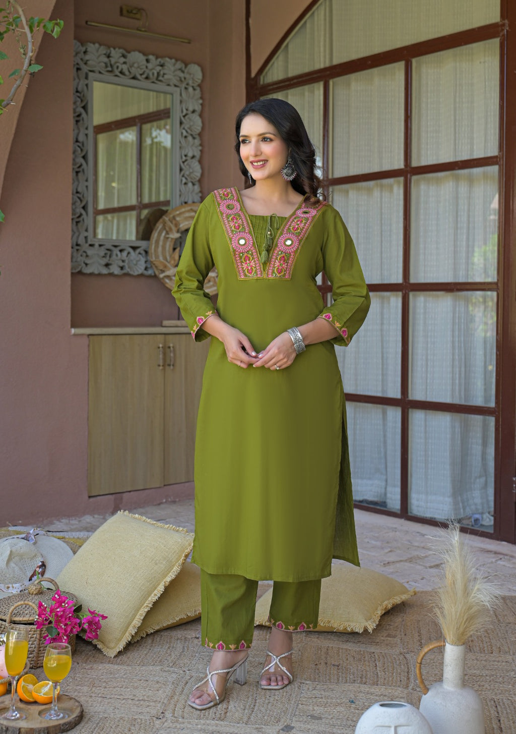 NOOAA Royal Mirror Embroidered Straight Kurta Set with Dupatta| Elegant Women’s Ethnic Wear