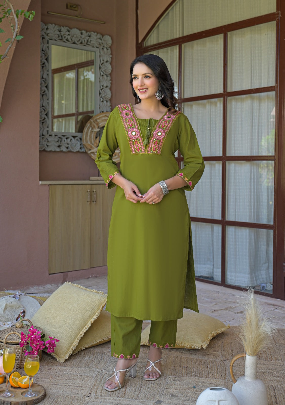 NOOAA Royal Mirror Embroidered Straight Kurta Set with Dupatta| Elegant Women’s Ethnic Wear