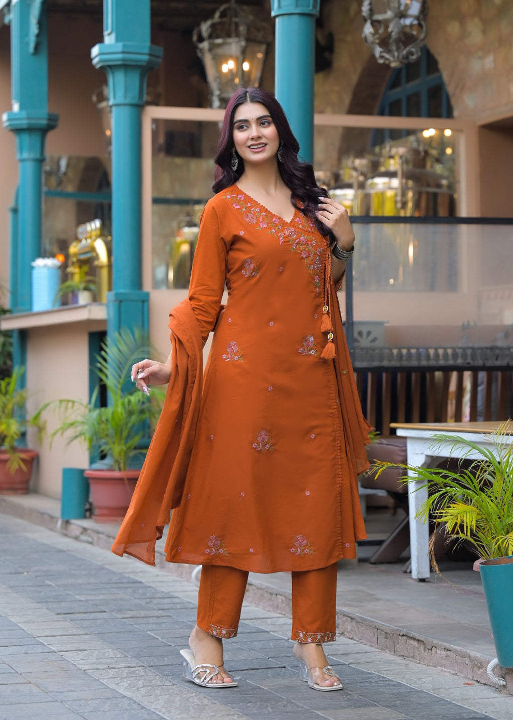 NOOAA Premium Embroidered Cotton Blend Suit Set for Women | Handcrafted Floral Embroidery | Kurta Pant with Dupatta