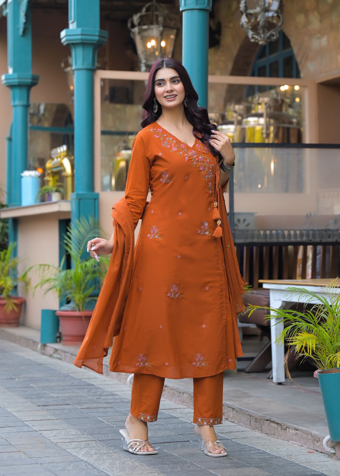 NOOAA Premium Embroidered Cotton Blend Suit Set for Women | Handcrafted Floral Embroidery | Kurta Pant with Dupatta