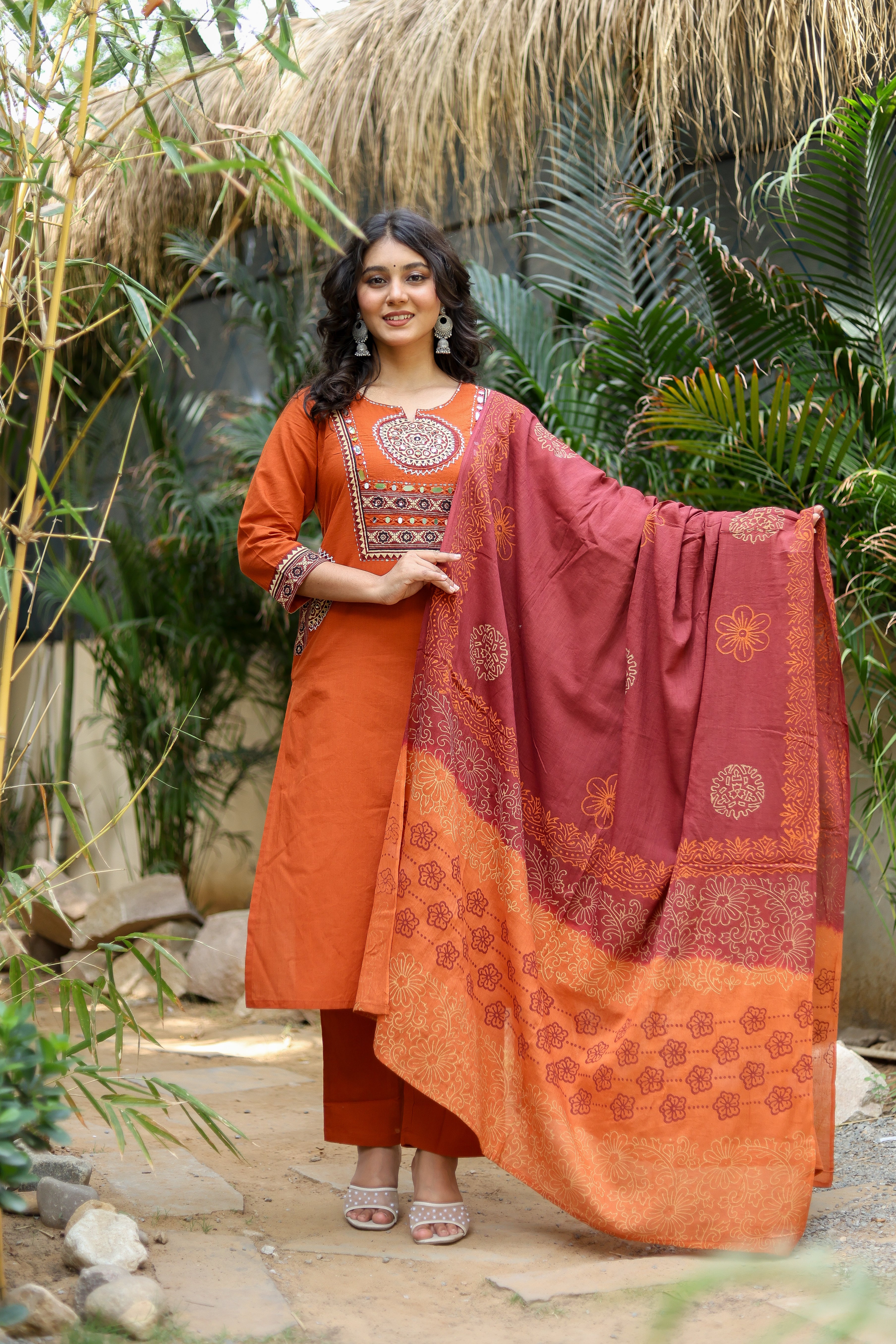 NOOAA Premium Mirror Work Straight Suit Set | Ethnic Printed Dupatta | Kurta Pant Set for Women