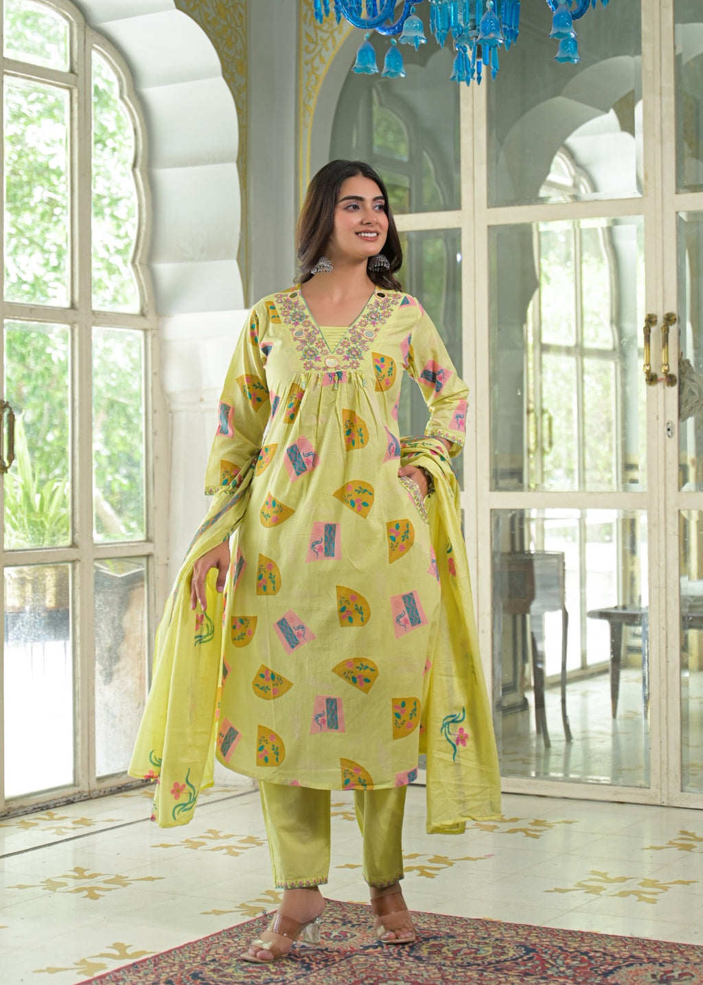 NOOAA Viraa Printed Straight Kurta Set with Embroidered Yoke & Dupatta