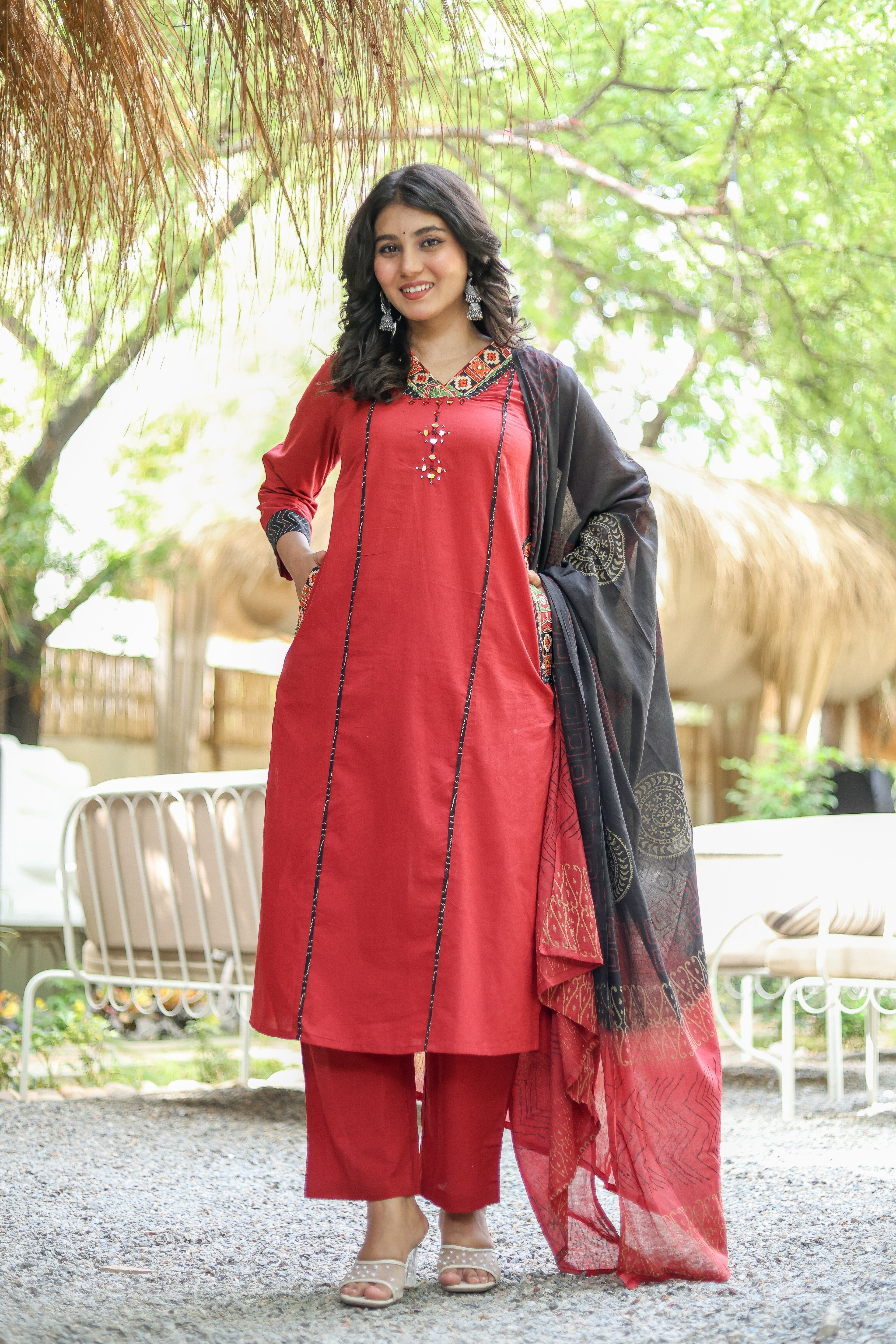 NOOAA Premium Embroidered Straight Suit Set for Women | Ethnic Neck Detailing | Kurta Pant with Printed Dupatta