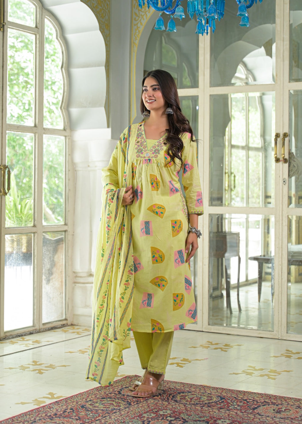 NOOAA Viraa Printed Straight Kurta Set with Embroidered Yoke & Dupatta