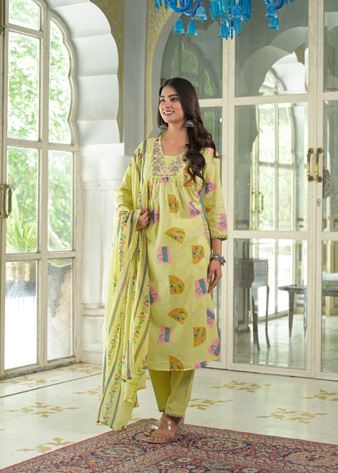 NOOAA Viraa Printed Straight Kurta Set with Embroidered Yoke & Dupatta