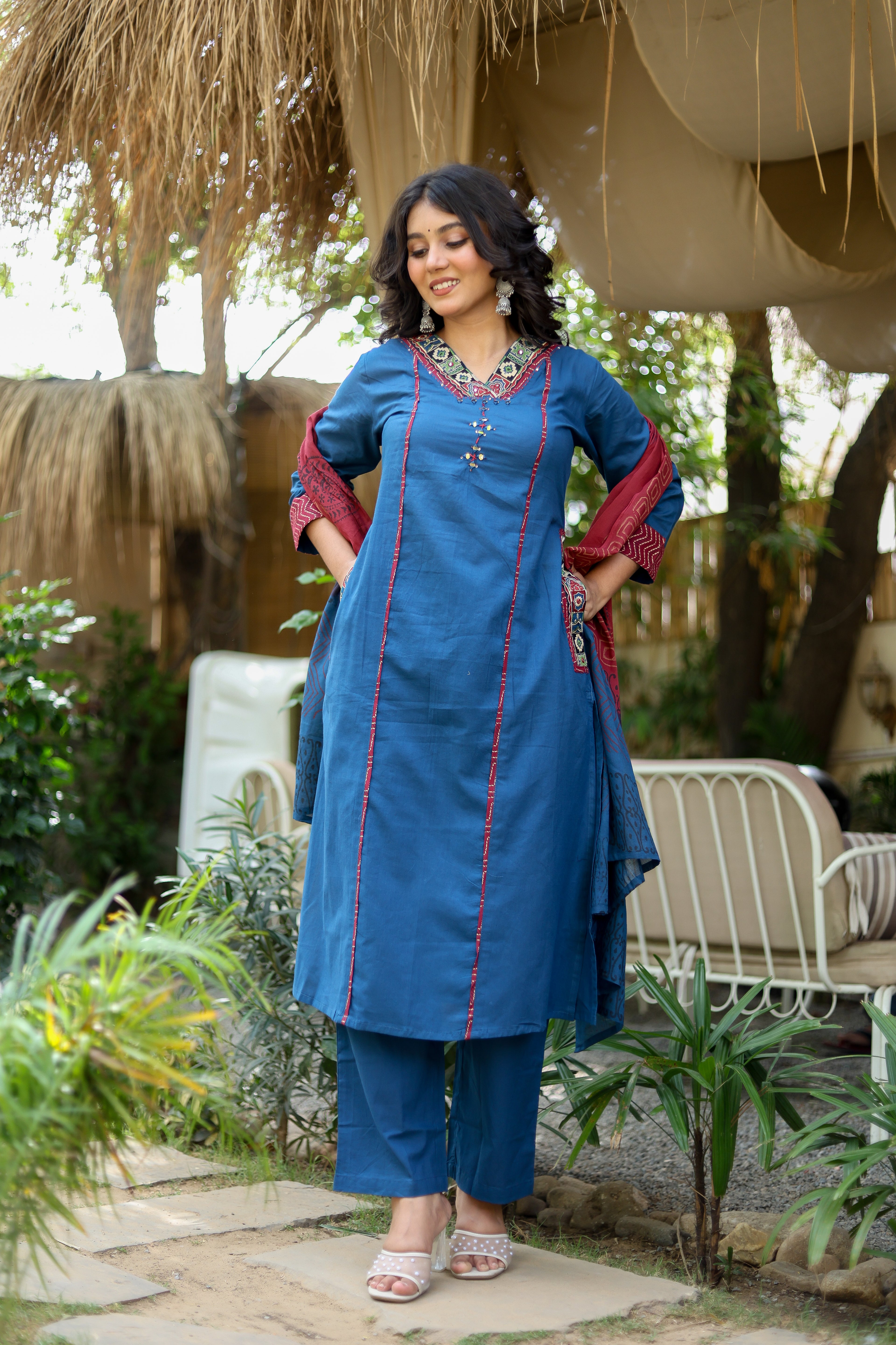 NOOAA Premium Embroidered Straight Suit Set for Women | Ethnic Neck Detailing | Kurta Pant with Printed Dupatta