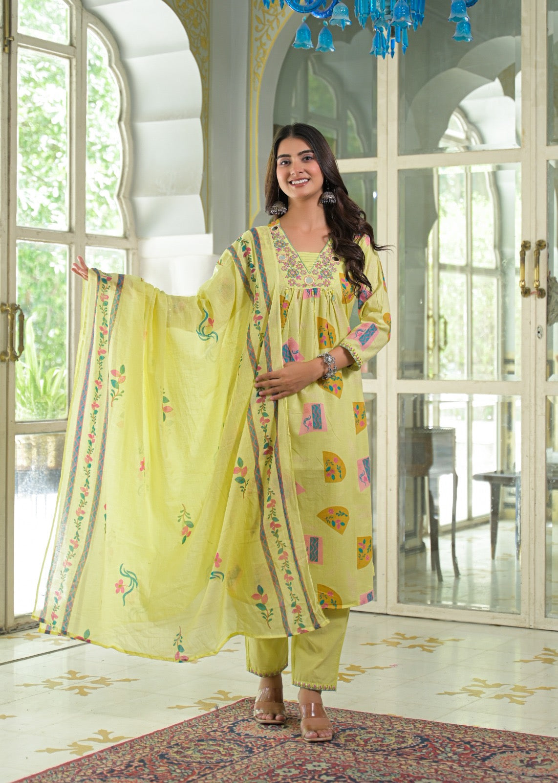 NOOAA Viraa Printed Straight Kurta Set with Embroidered Yoke & Dupatta