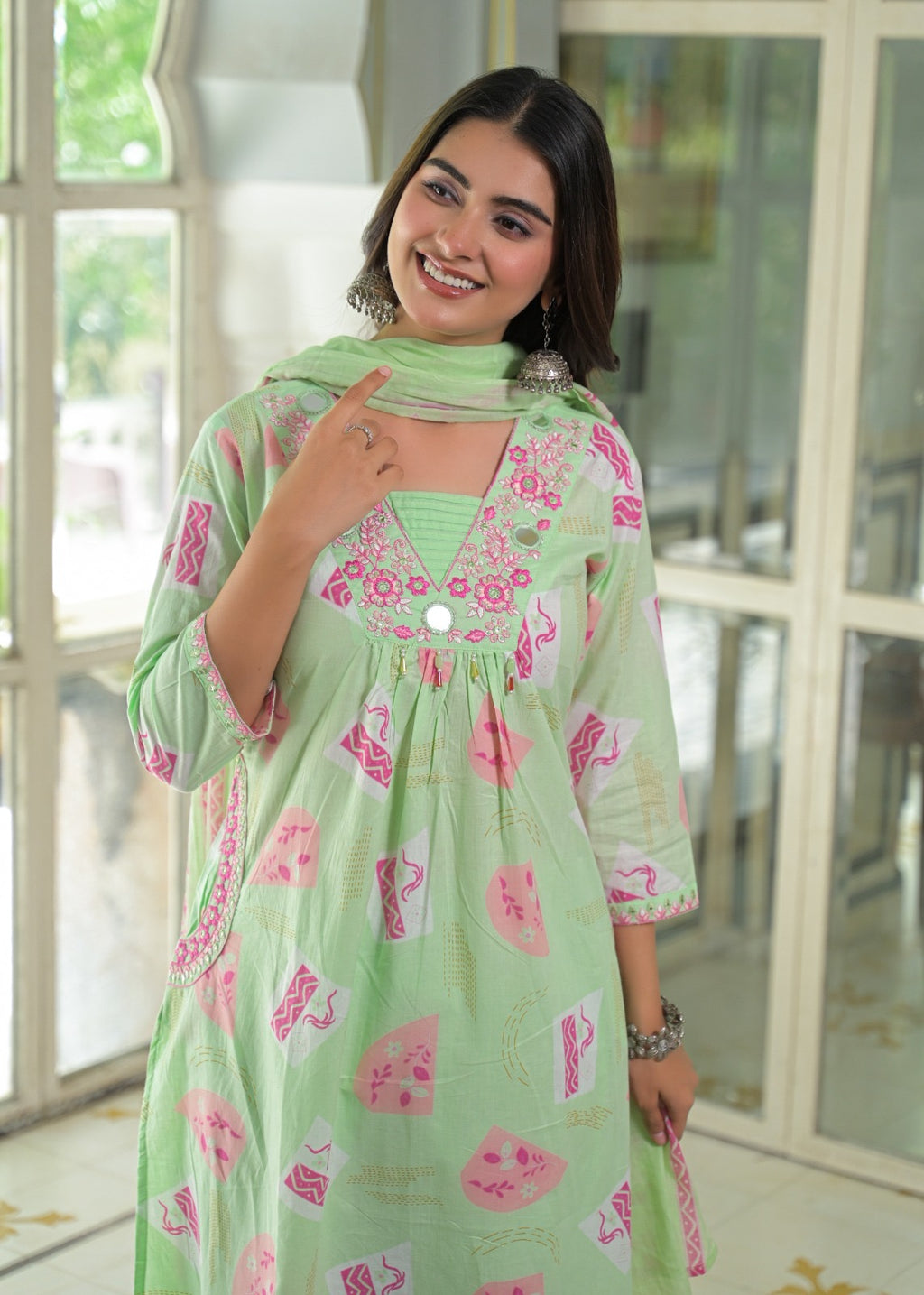 NOOAA Viraa Printed Straight Kurta Set with Embroidered Yoke & Dupatta