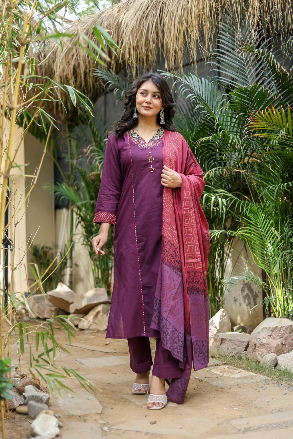 NOOAA Premium Embroidered Straight Suit Set for Women | Ethnic Neck Detailing | Kurta Pant with Printed Dupatta