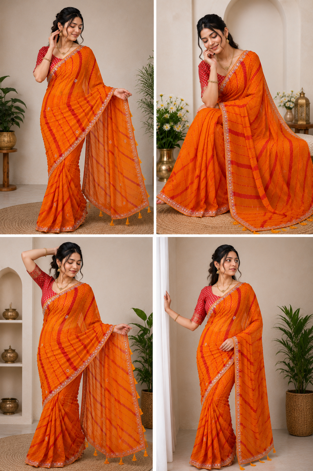 NOOAA Sunlit Leheriya Handwork Chiffon Saree with Designer Blouse(Orange, Navy Blue, Red, Teal Rama, Green, Pink )