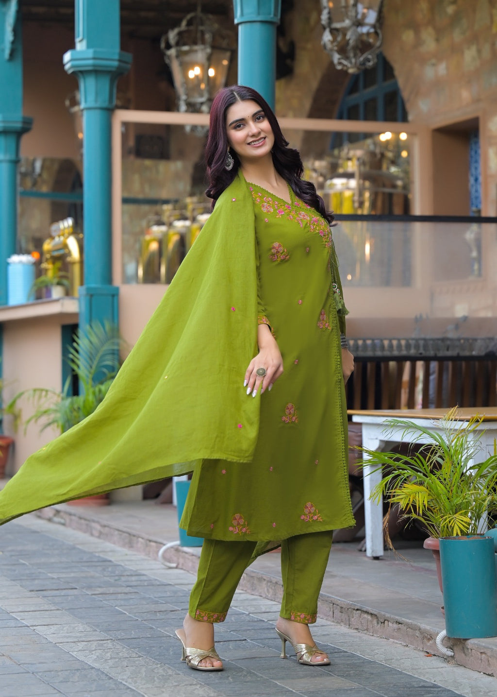 NOOAA Premium Embroidered Cotton Blend Suit Set for Women | Handcrafted Floral Embroidery | Kurta Pant with Dupatta