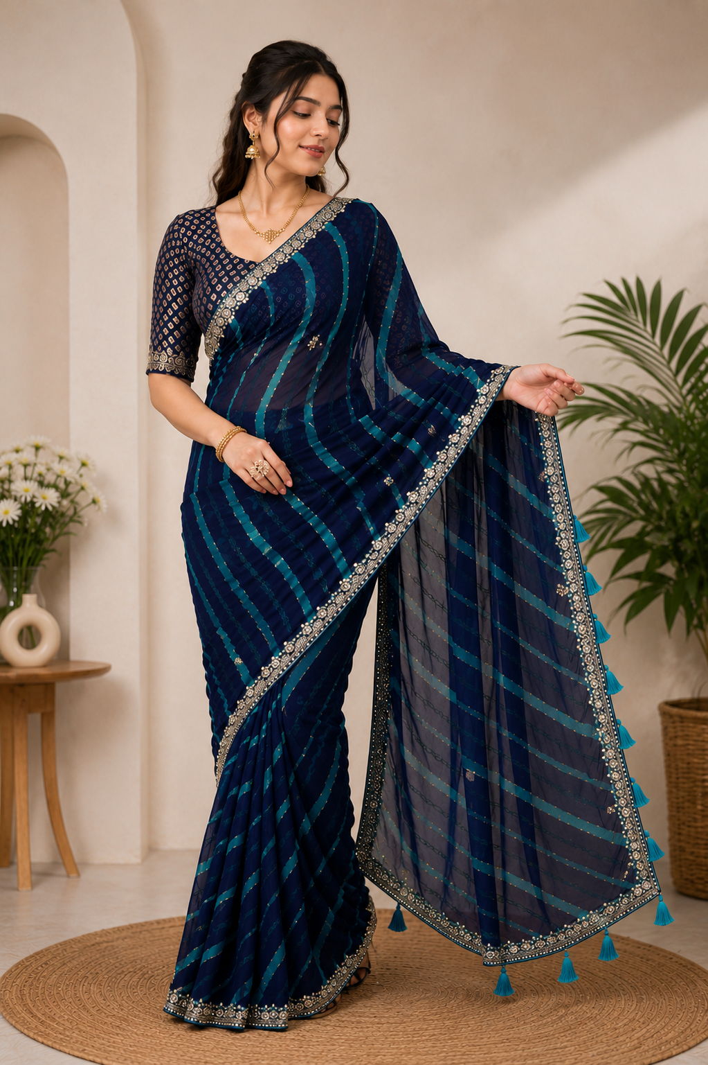 NOOAA Sunlit Leheriya Handwork Chiffon Saree with Designer Blouse(Orange, Navy Blue, Red, Teal Rama, Green, Pink )