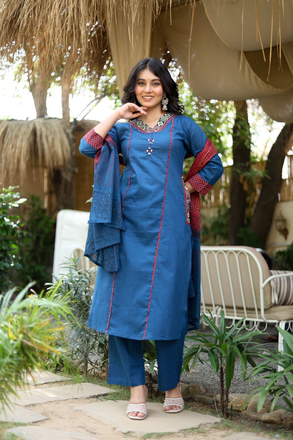 NOOAA Premium Embroidered Straight Suit Set for Women | Ethnic Neck Detailing | Kurta Pant with Printed Dupatta