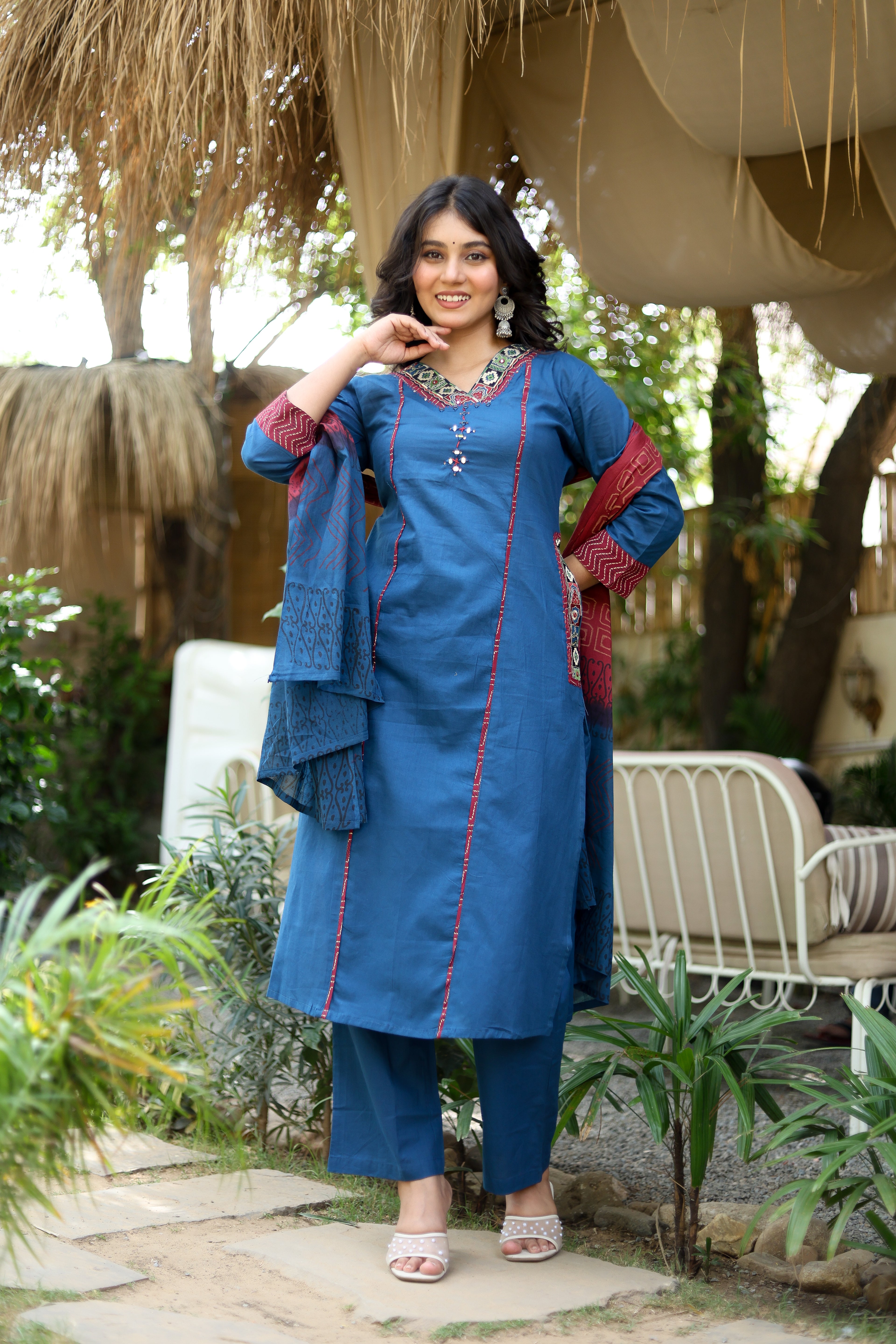 NOOAA Premium Embroidered Straight Suit Set for Women | Ethnic Neck Detailing | Kurta Pant with Printed Dupatta
