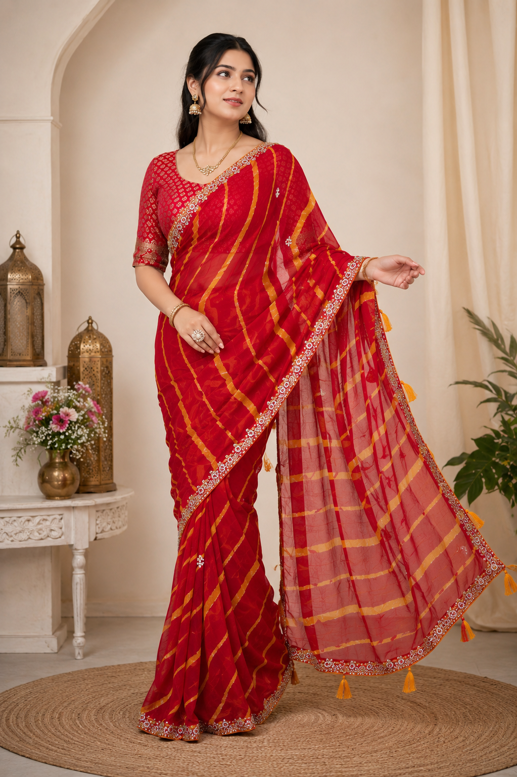 NOOAA Sunlit Leheriya Handwork Chiffon Saree with Designer Blouse(Orange, Navy Blue, Red, Teal Rama, Green, Pink )