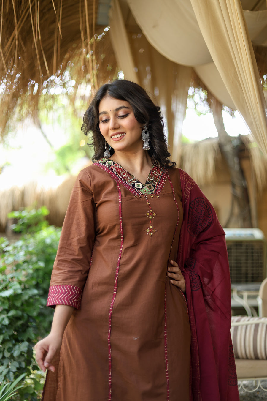 NOOAA Premium Embroidered Straight Suit Set for Women | Ethnic Neck Detailing | Kurta Pant with Printed Dupatta