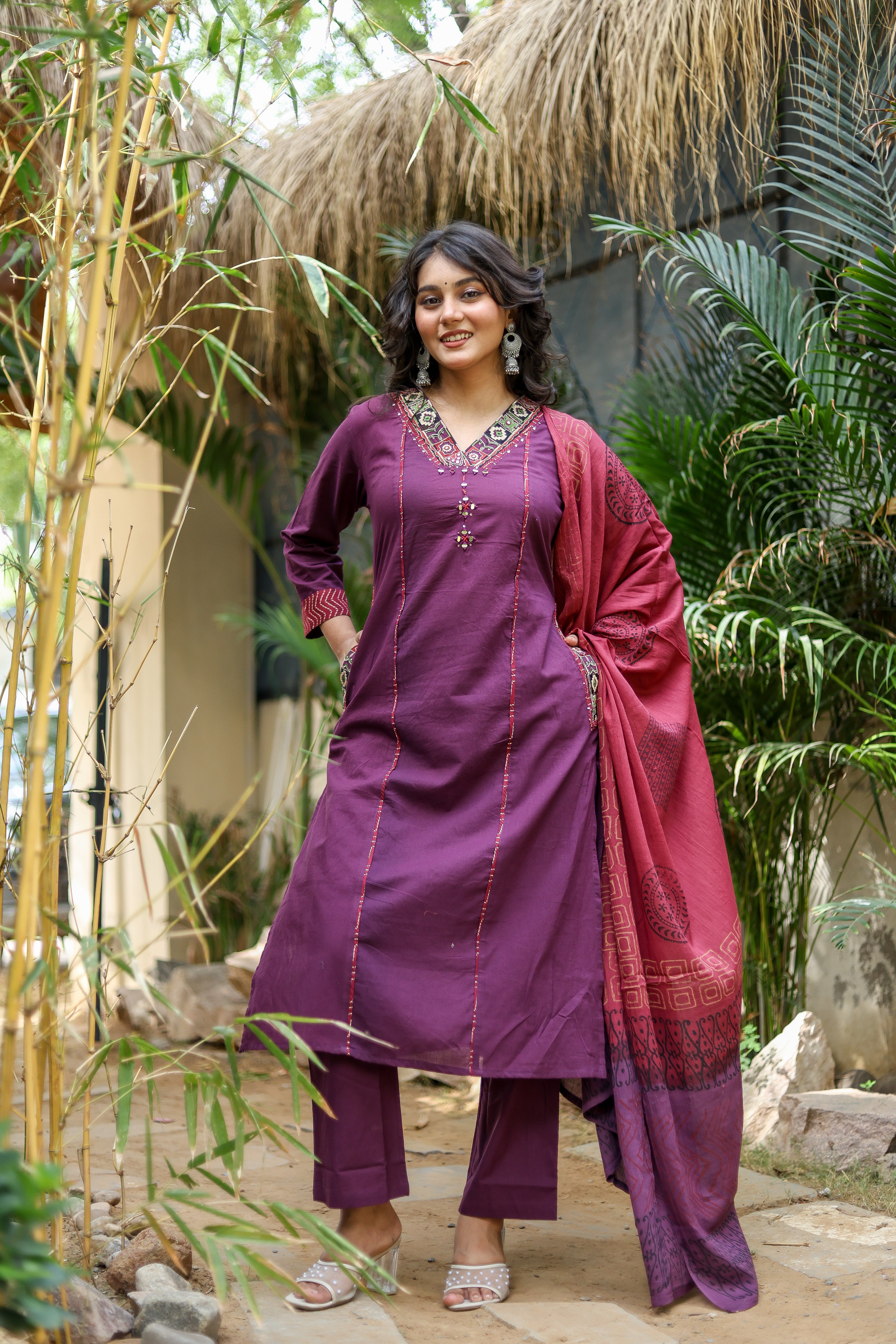 NOOAA Premium Embroidered Straight Suit Set for Women | Ethnic Neck Detailing | Kurta Pant with Printed Dupatta