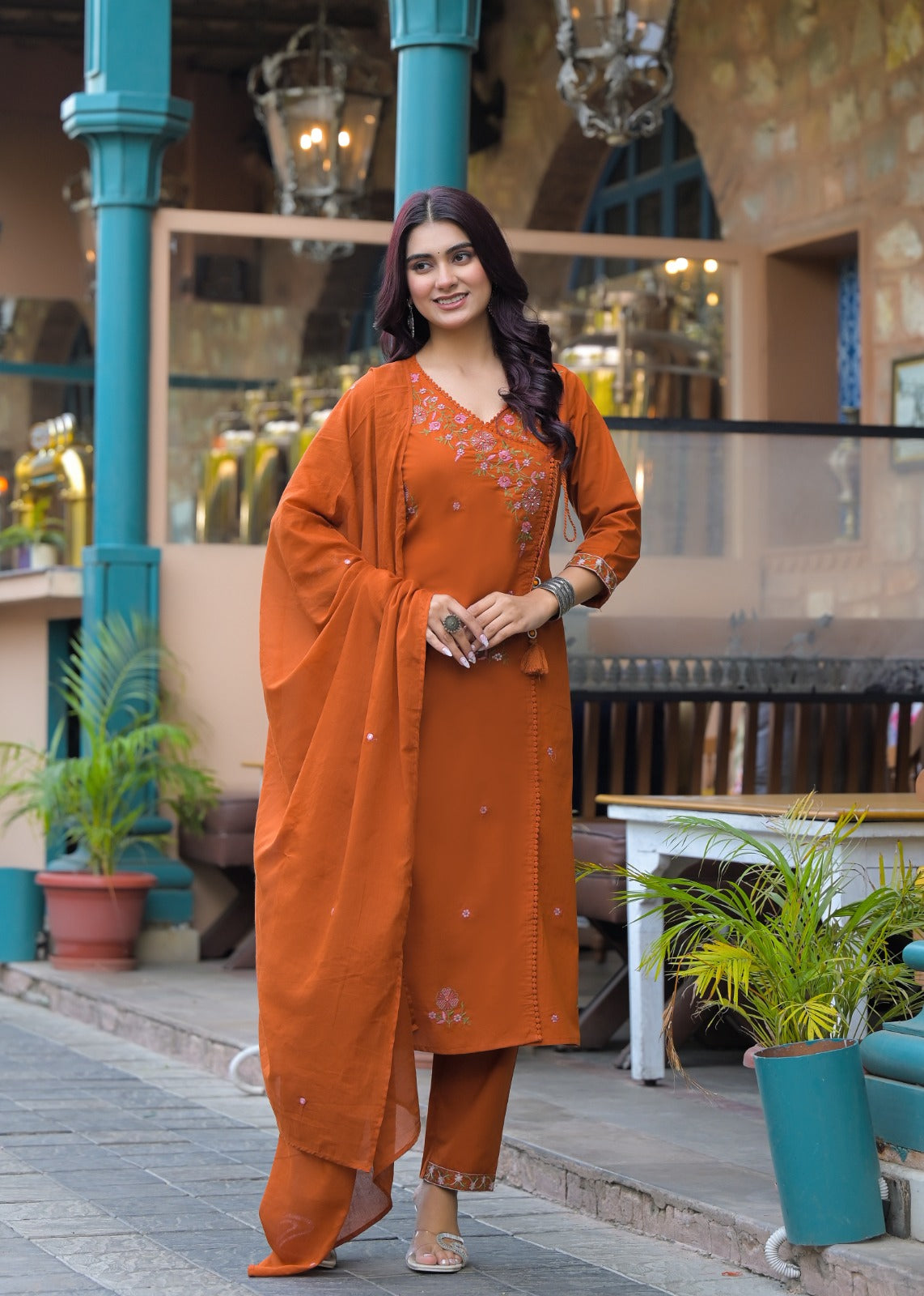NOOAA Premium Embroidered Cotton Blend Suit Set for Women | Handcrafted Floral Embroidery | Kurta Pant with Dupatta
