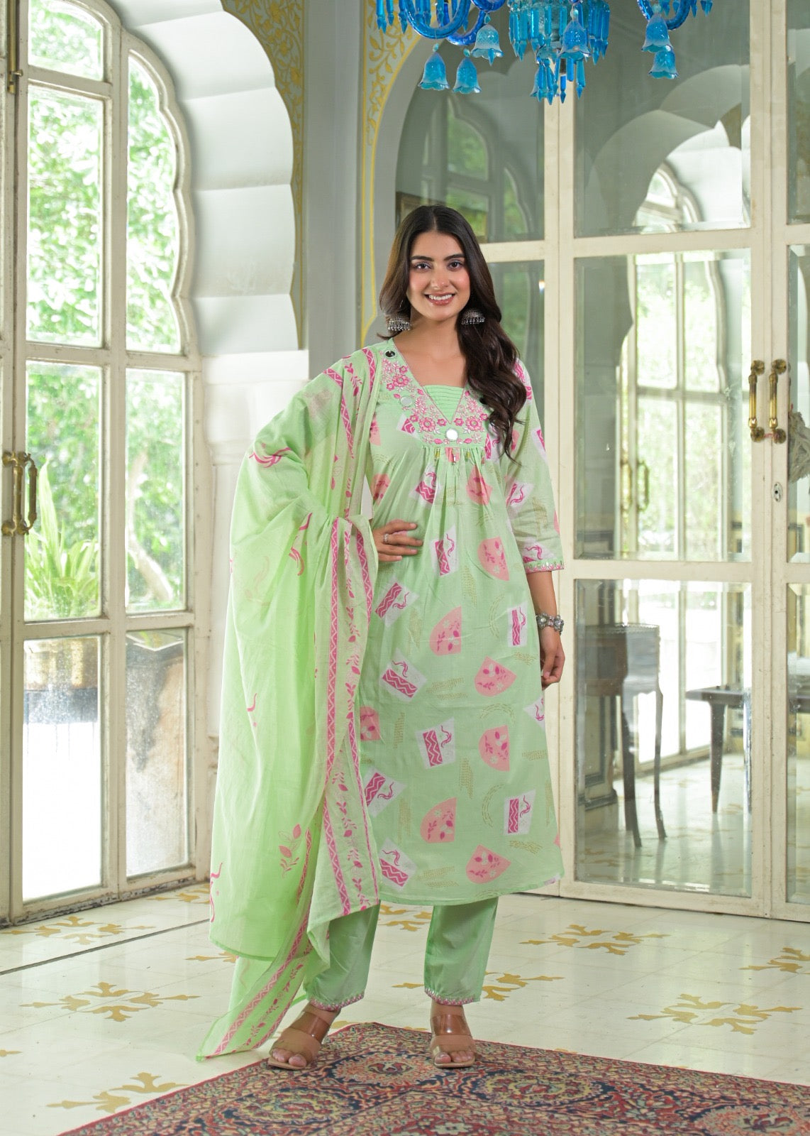 NOOAA Viraa Printed Straight Kurta Set with Embroidered Yoke & Dupatta
