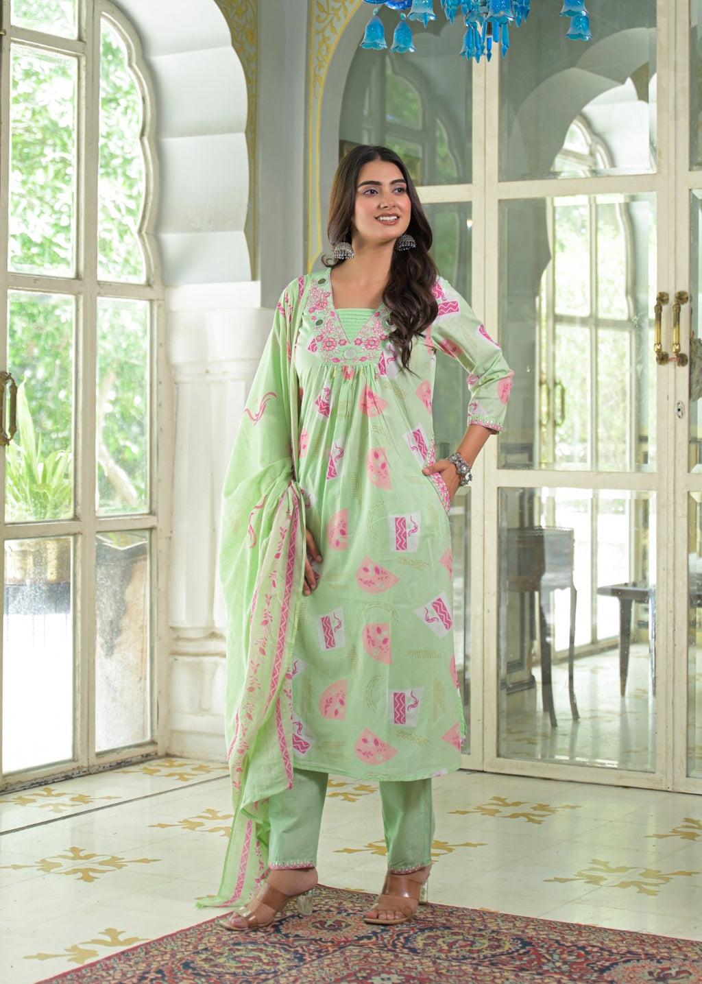 NOOAA Viraa Printed Straight Kurta Set with Embroidered Yoke & Dupatta