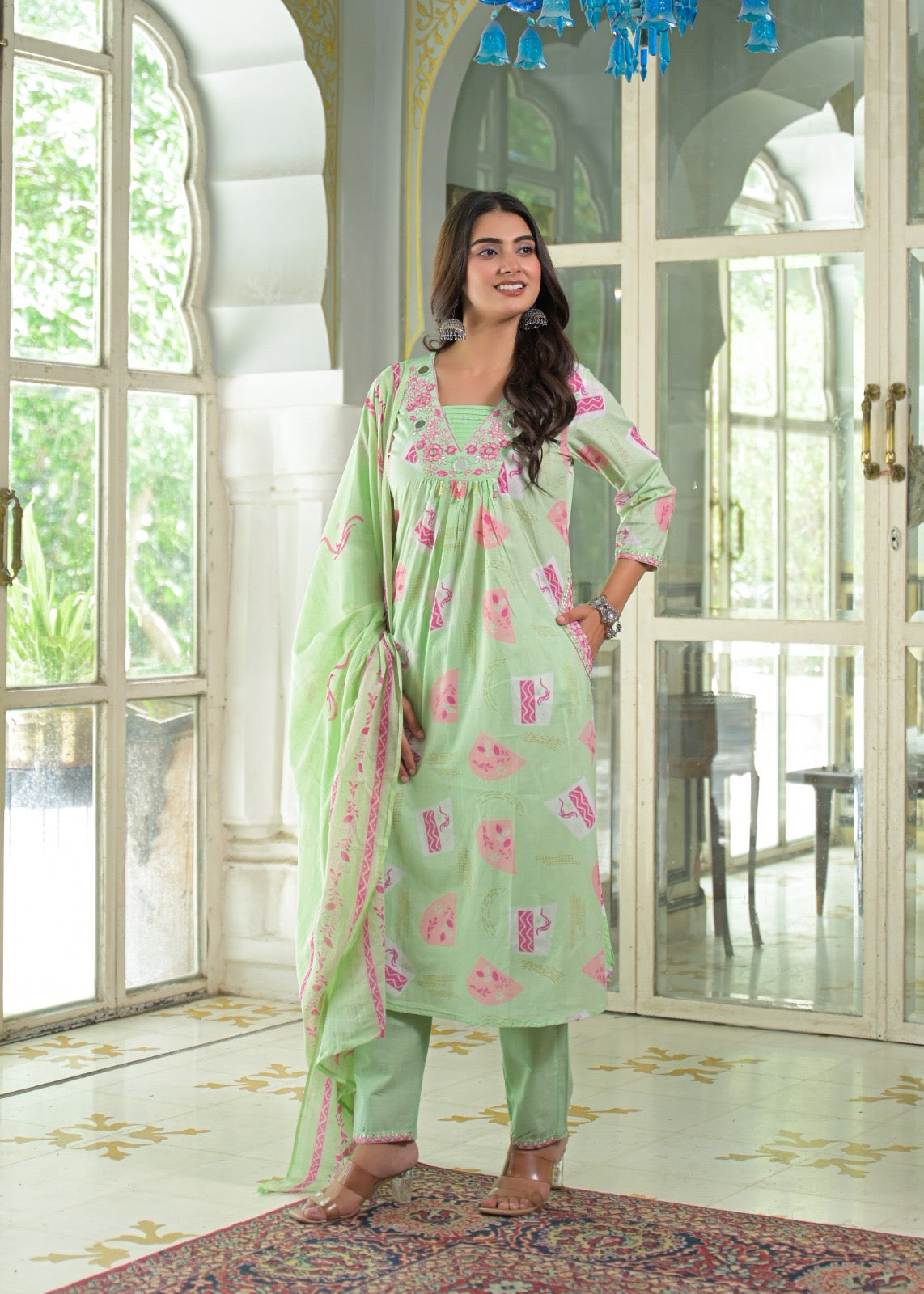NOOAA Viraa Printed Straight Kurta Set with Embroidered Yoke & Dupatta
