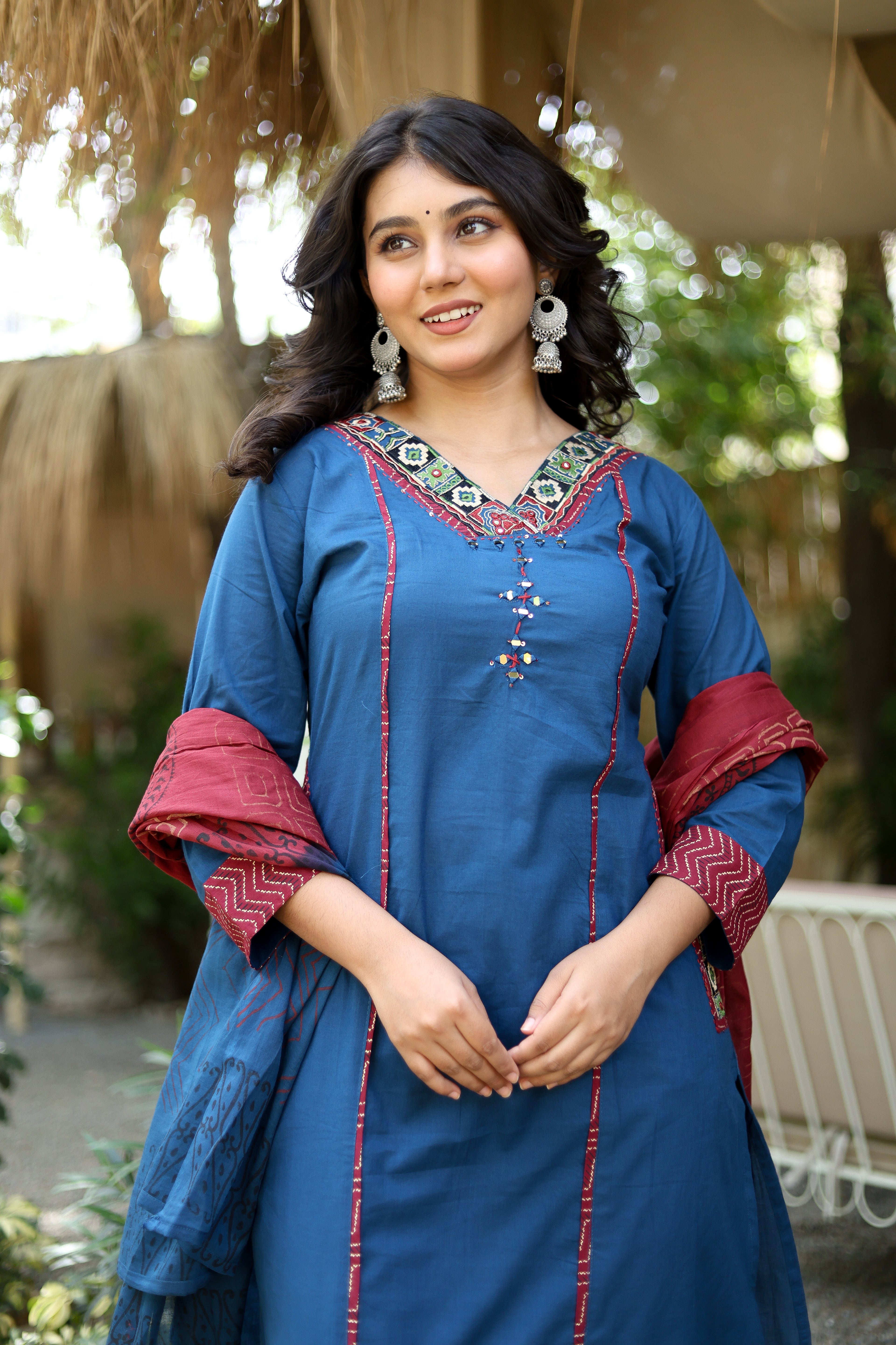 NOOAA Premium Embroidered Straight Suit Set for Women | Ethnic Neck Detailing | Kurta Pant with Printed Dupatta
