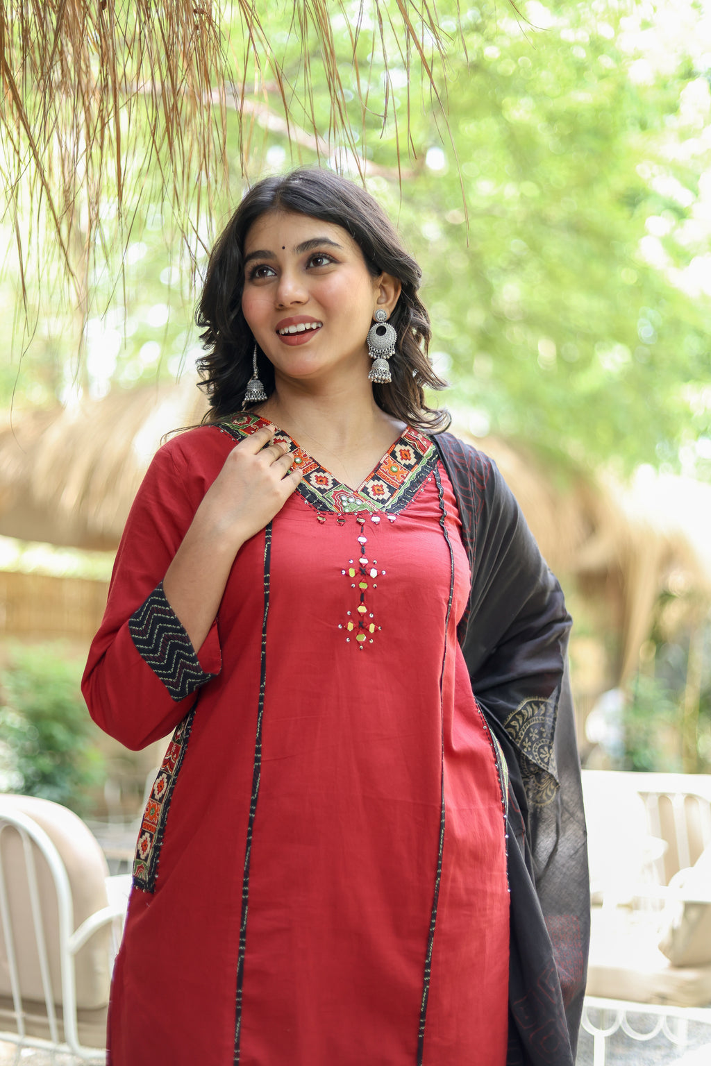 NOOAA Premium Embroidered Straight Suit Set for Women | Ethnic Neck Detailing | Kurta Pant with Printed Dupatta
