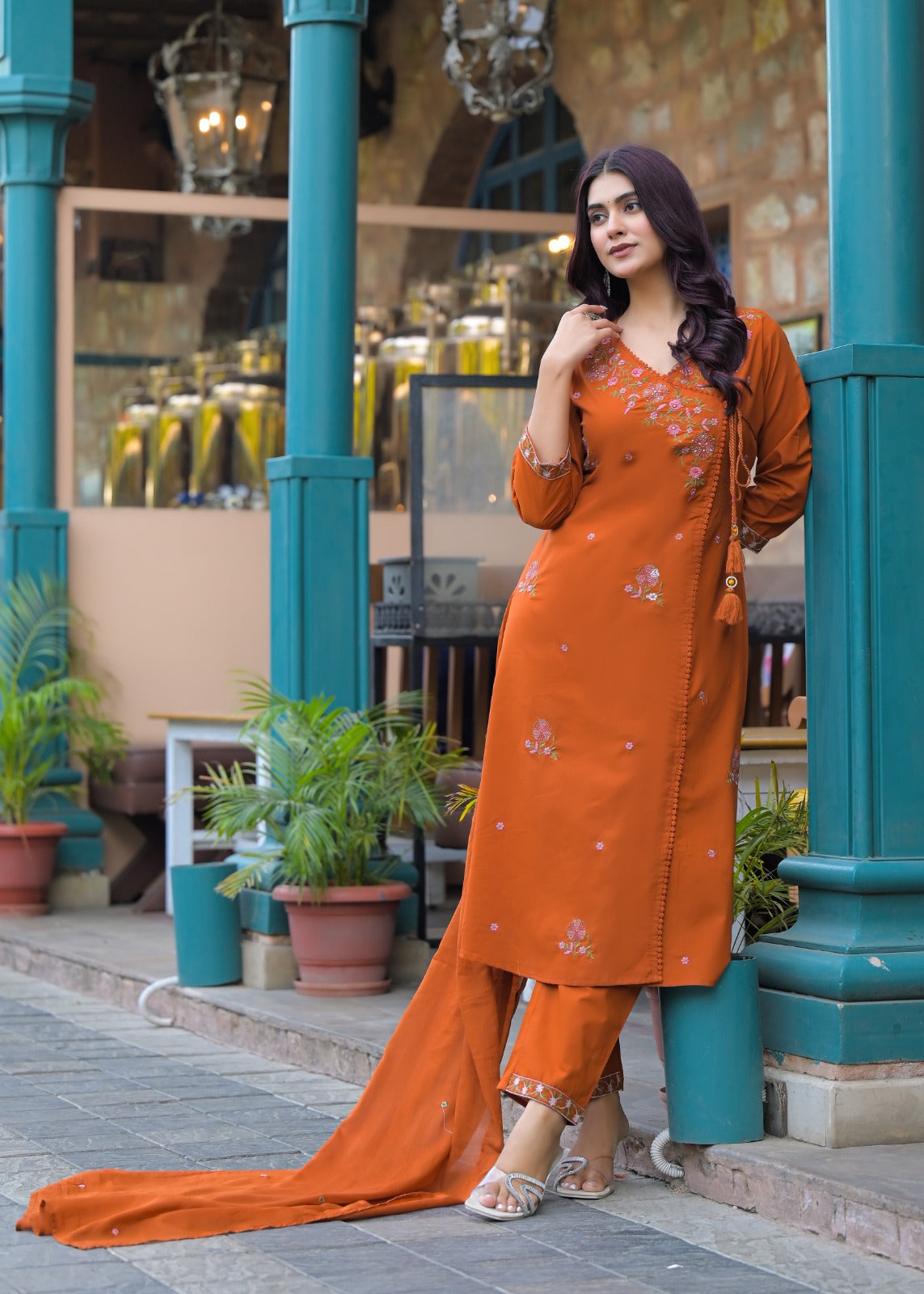 NOOAA Premium Embroidered Cotton Blend Suit Set for Women | Handcrafted Floral Embroidery | Kurta Pant with Dupatta