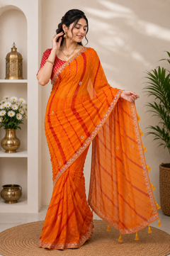 NOOAA Sunlit Leheriya Handwork Chiffon Saree with Designer Blouse(Orange, Navy Blue, Red, Teal Rama, Green, Pink )