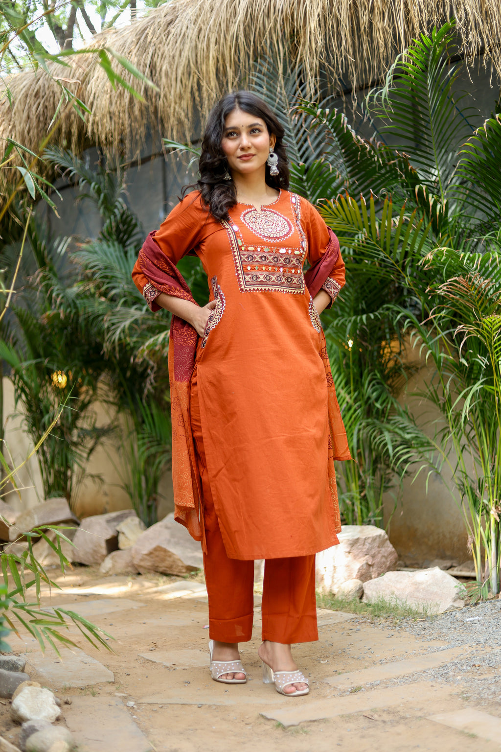 NOOAA Premium Mirror Work Straight Suit Set | Ethnic Printed Dupatta | Kurta Pant Set for Women