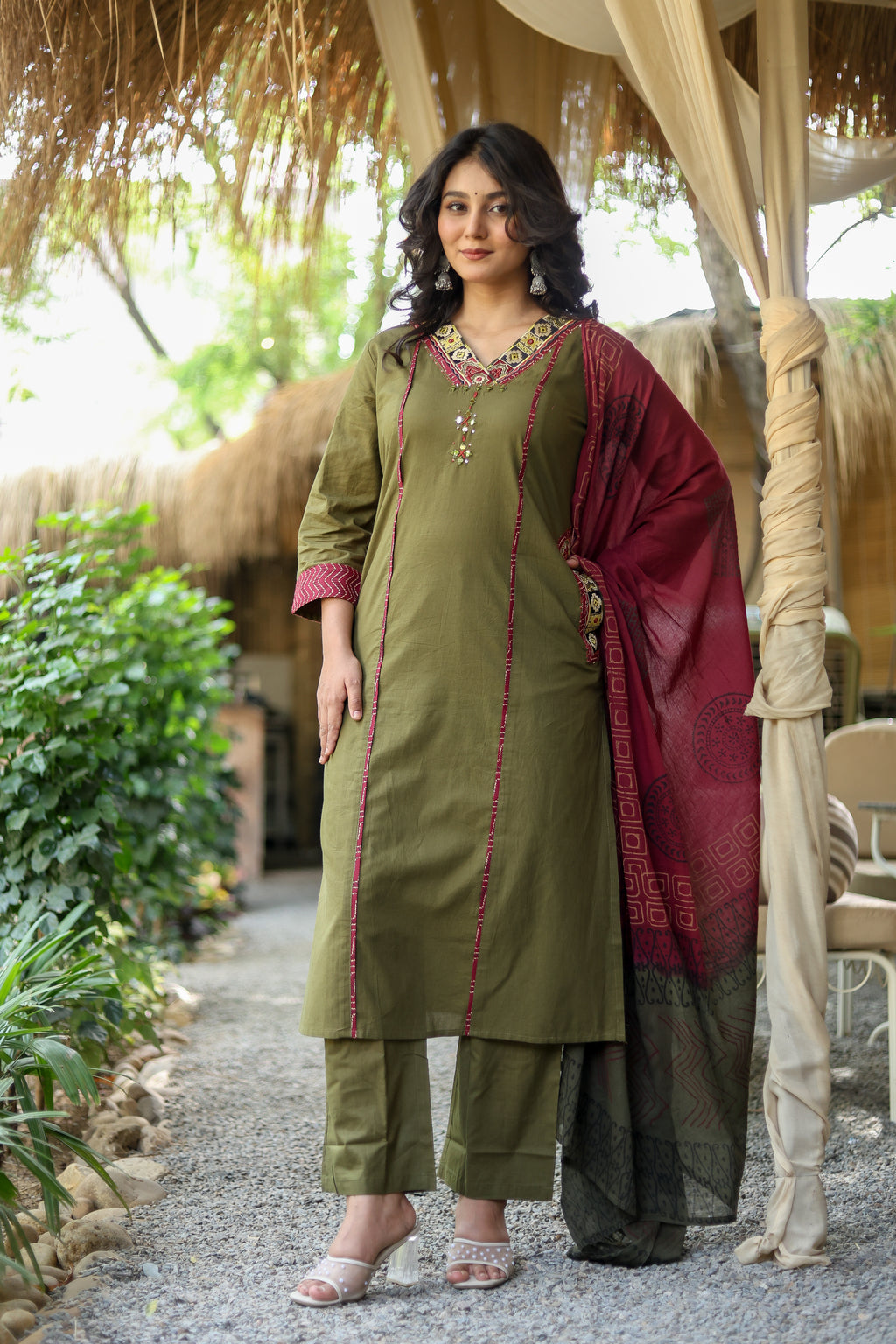 NOOAA Premium Embroidered Straight Suit Set for Women | Ethnic Neck Detailing | Kurta Pant with Printed Dupatta