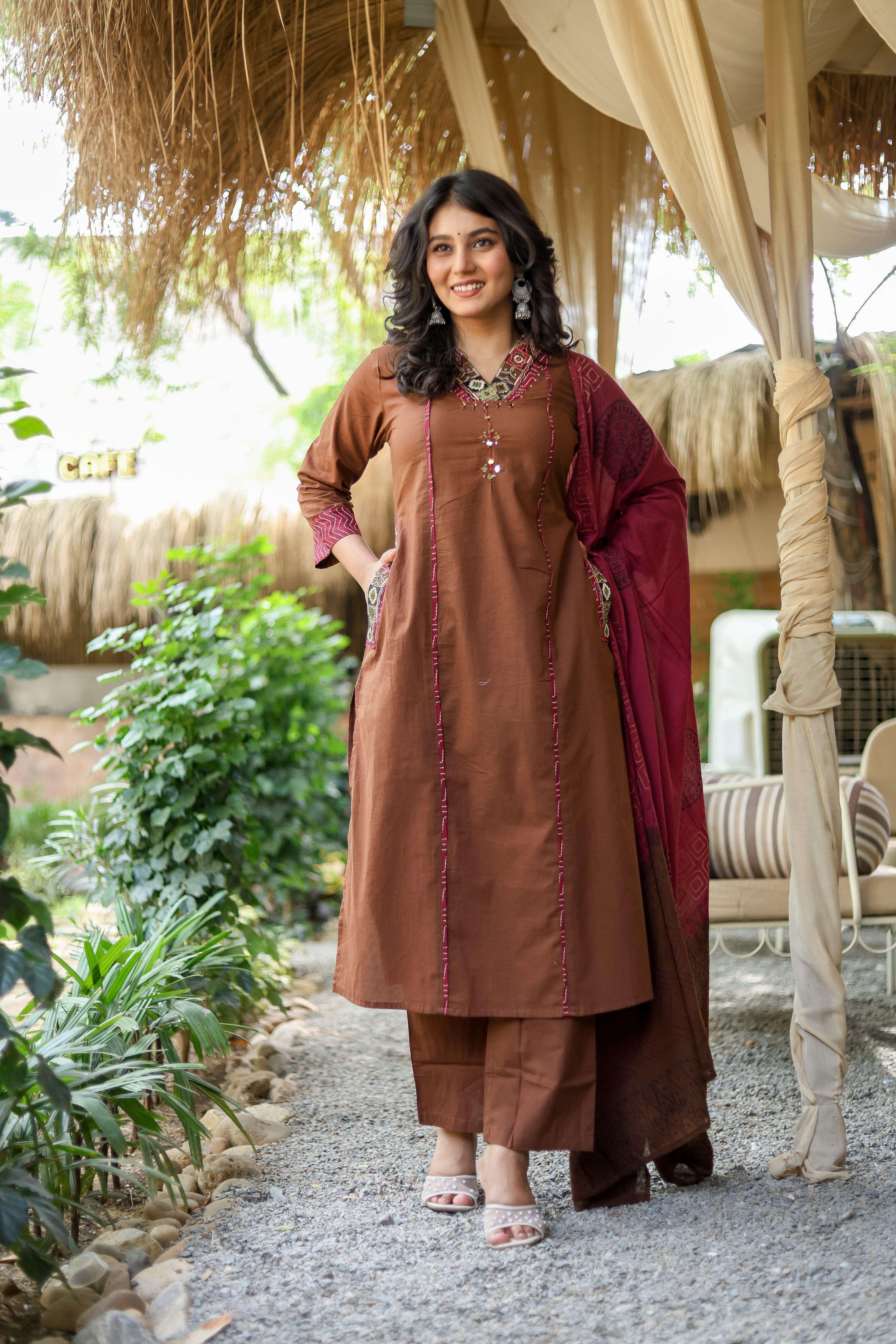 NOOAA Premium Embroidered Straight Suit Set for Women | Ethnic Neck Detailing | Kurta Pant with Printed Dupatta