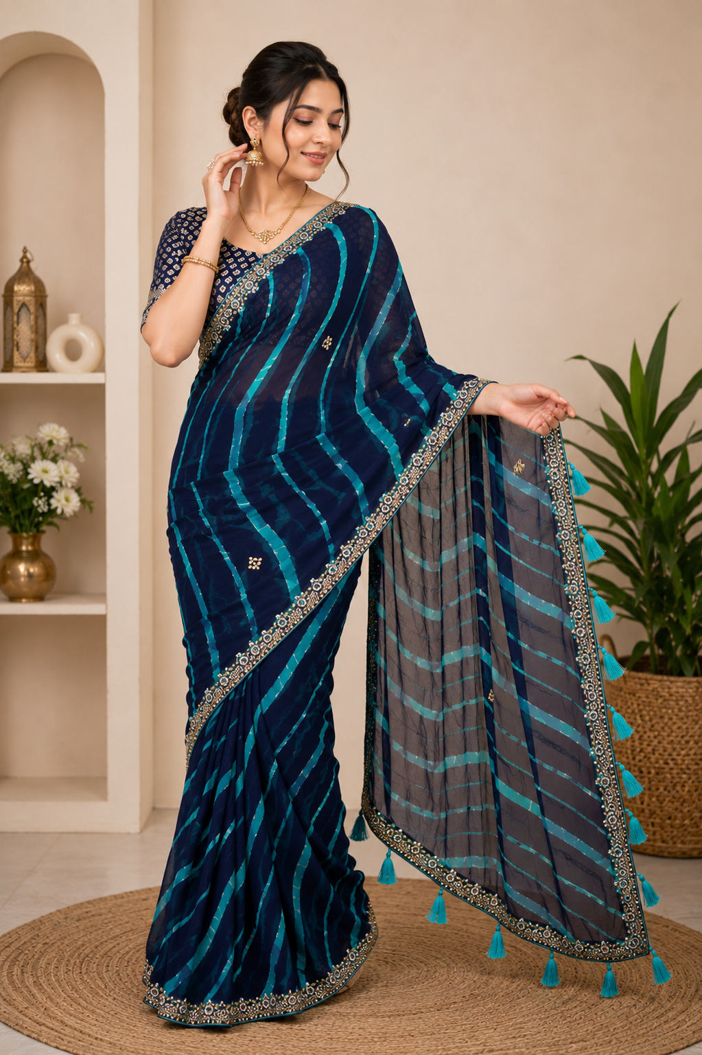 NOOAA Sunlit Leheriya Handwork Chiffon Saree with Designer Blouse(Orange, Navy Blue, Red, Teal Rama, Green, Pink )