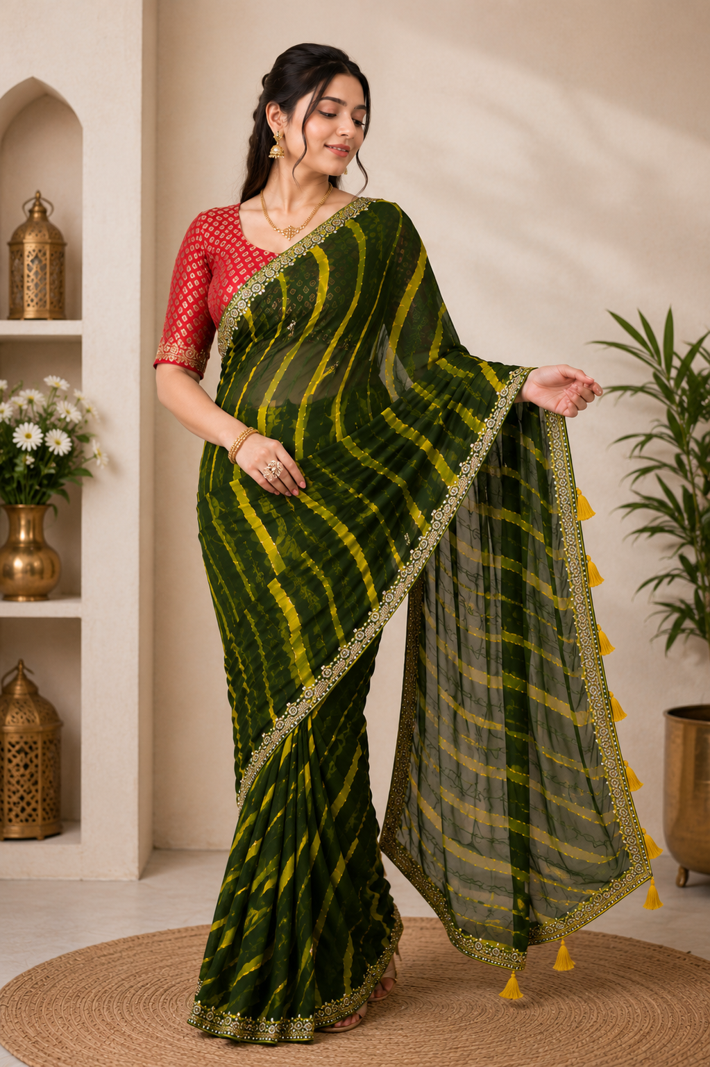 NOOAA Sunlit Leheriya Handwork Chiffon Saree with Designer Blouse(Orange, Navy Blue, Red, Teal Rama, Green, Pink )