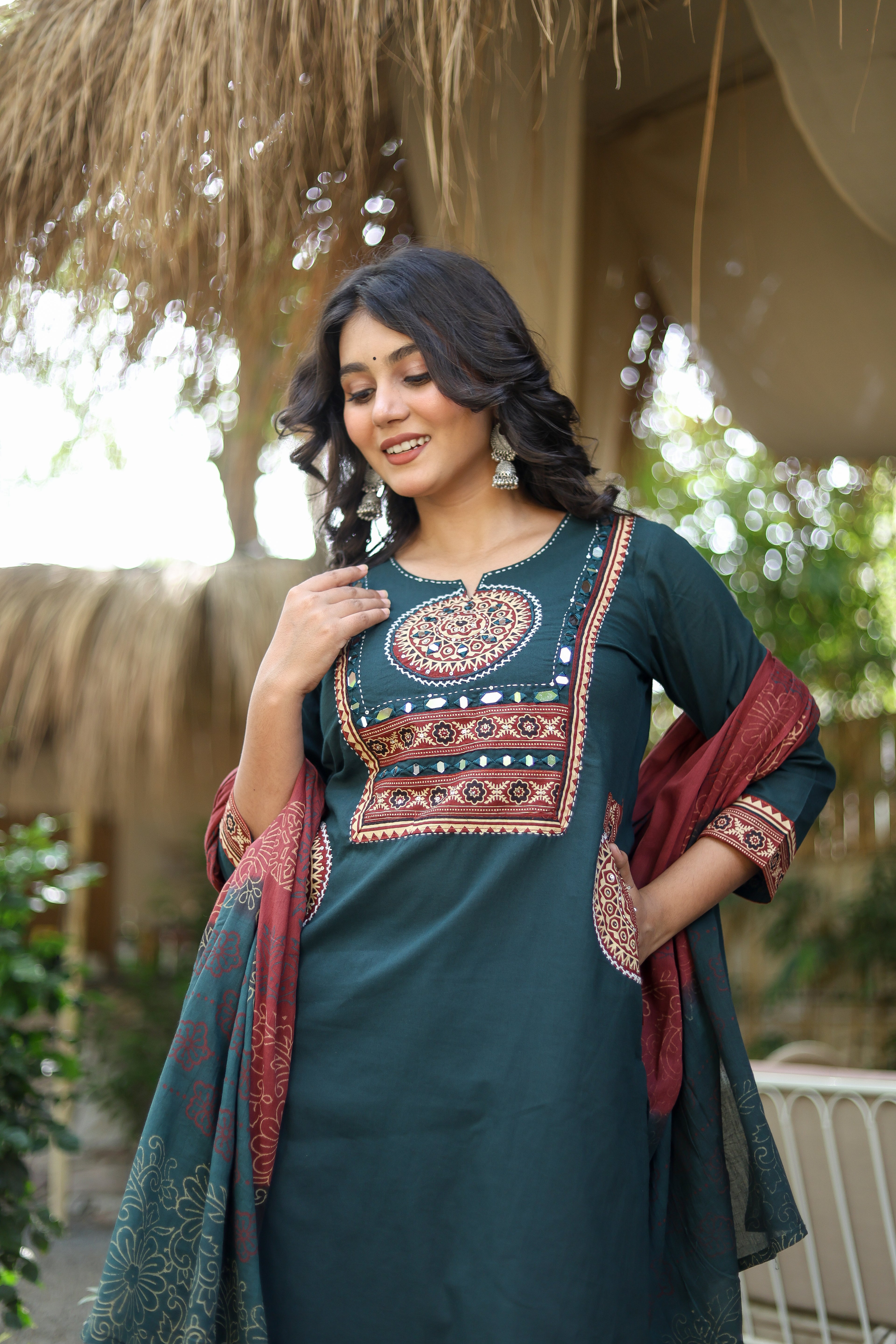 NOOAA Premium Mirror Work Straight Suit Set | Ethnic Printed Dupatta | Kurta Pant Set for Women