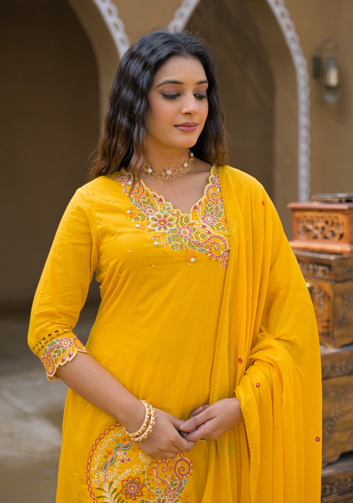 Premium Mal Cotton Embroidered Suit Set with Dupatta – The Nooaa Collection