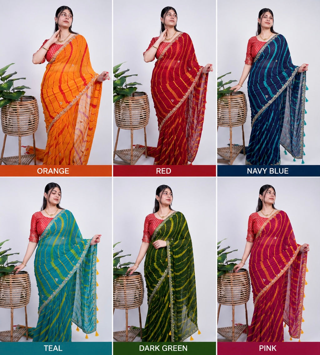NOOAA Sunlit Leheriya Handwork Chiffon Saree with Designer Blouse(Orange, Navy Blue, Red, Teal Rama, Green, Pink )