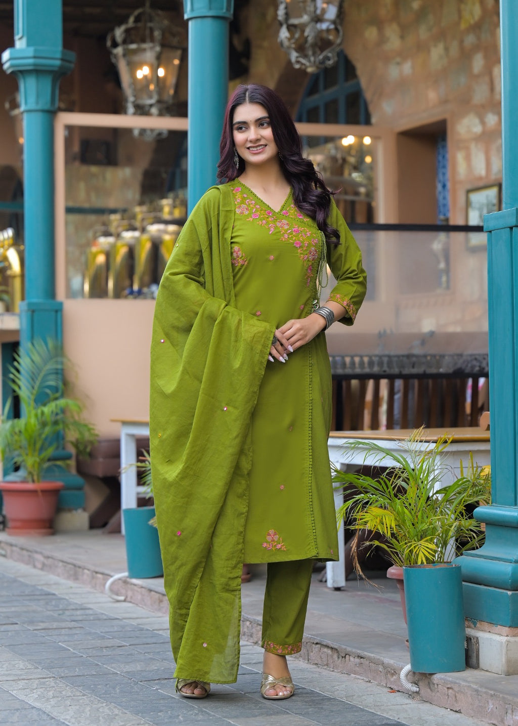 NOOAA Premium Embroidered Cotton Blend Suit Set for Women | Handcrafted Floral Embroidery | Kurta Pant with Dupatta