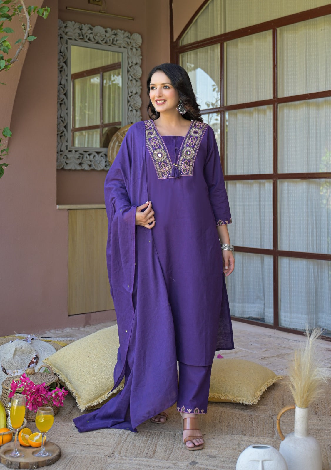 NOOAA Royal Mirror Embroidered Straight Kurta Set with Dupatta| Elegant Women’s Ethnic Wear