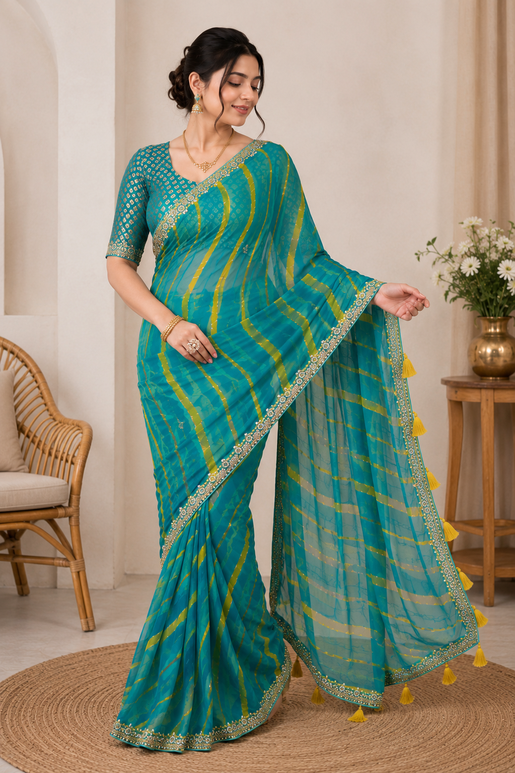 NOOAA Sunlit Leheriya Handwork Chiffon Saree with Designer Blouse(Orange, Navy Blue, Red, Teal Rama, Green, Pink )