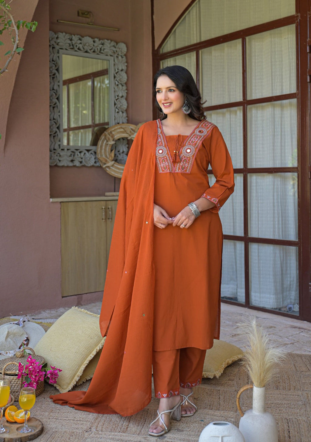 NOOAA Royal Mirror Embroidered Straight Kurta Set with Dupatta| Elegant Women’s Ethnic Wear